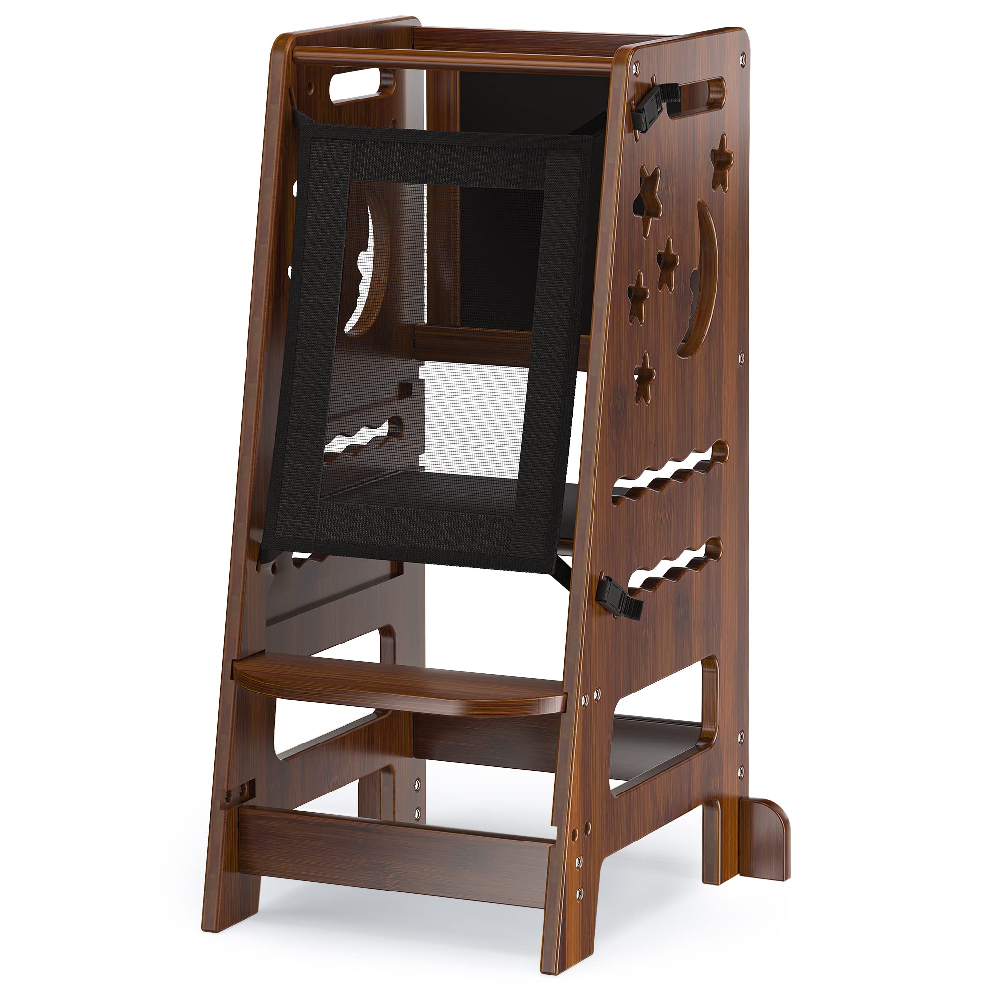 TOETOL Adjustable Bamboo Step Stool for Kids - Toddler Learning Tower with Safety Rail & Black White Activity Board - Perfect for Kitchen, Bathroom Sink, and Playtime Learning