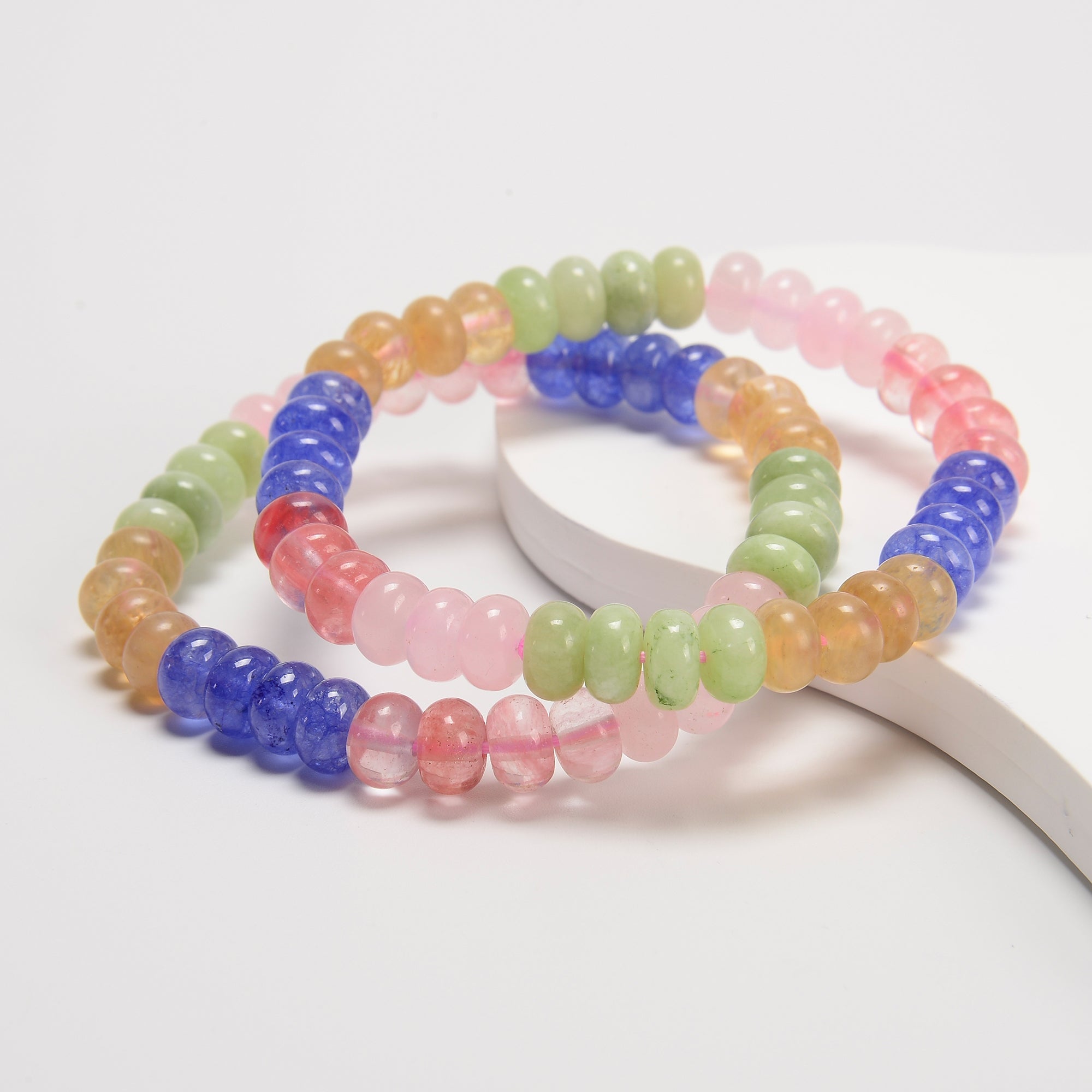 03 Multi-Color Natural Dyed Jade Smooth Rondelle Beaded Bracelet - 5x8mm Beads, 7.5