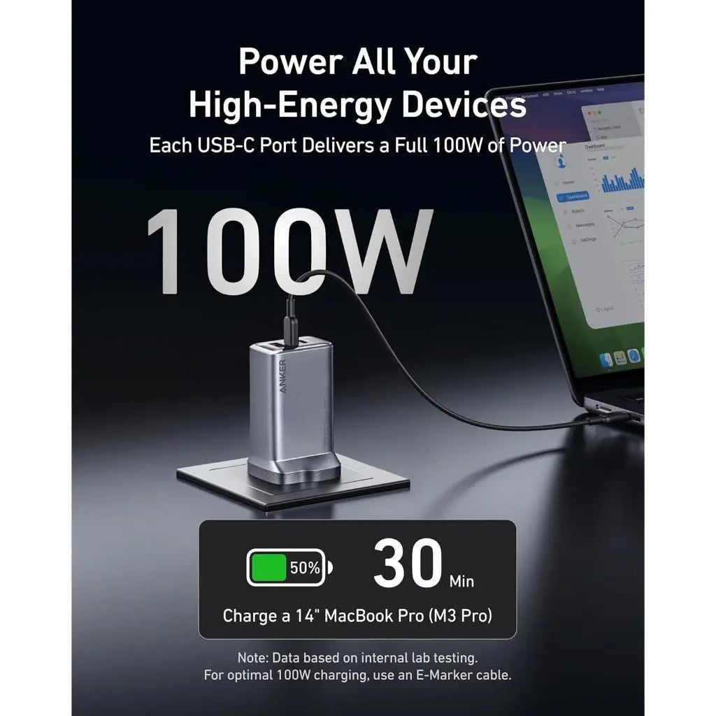 Anker Prime 100W USB C GaN Charger with 3 Ports - Fast Folding Wall Charger for iPhone, MacBook, Samsung - Perfect for Travel, Office & Home Use