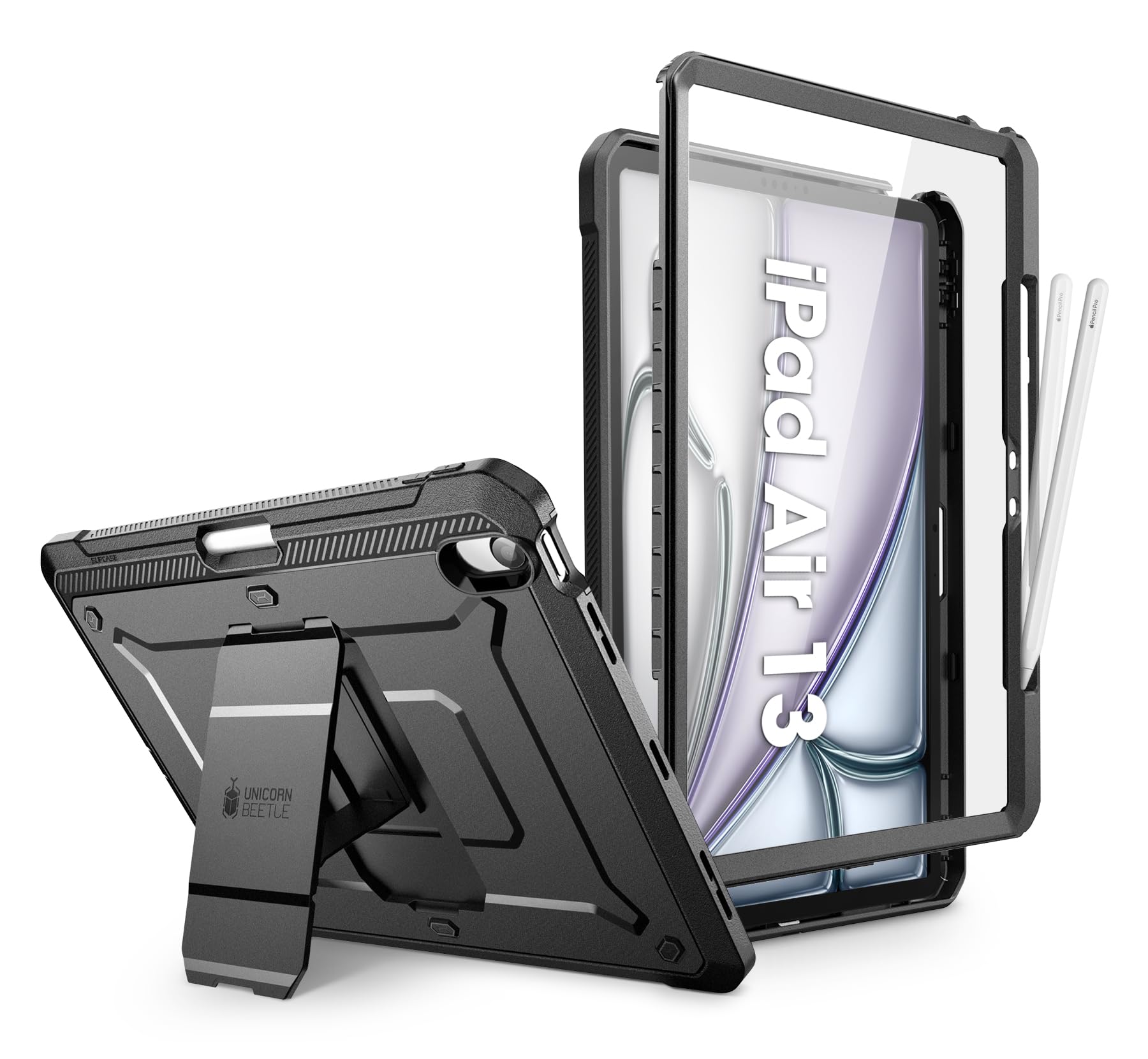 SUPCASE Unicorn Beetle Pro Rugged Case for iPad Air 13 Inch M3/M2 (2025/2024) - Military-Grade Protection with Built-in Screen Protector, Pencil Holder & Stand - Perfect for Outdoor Adventures, Work & Travel - Black