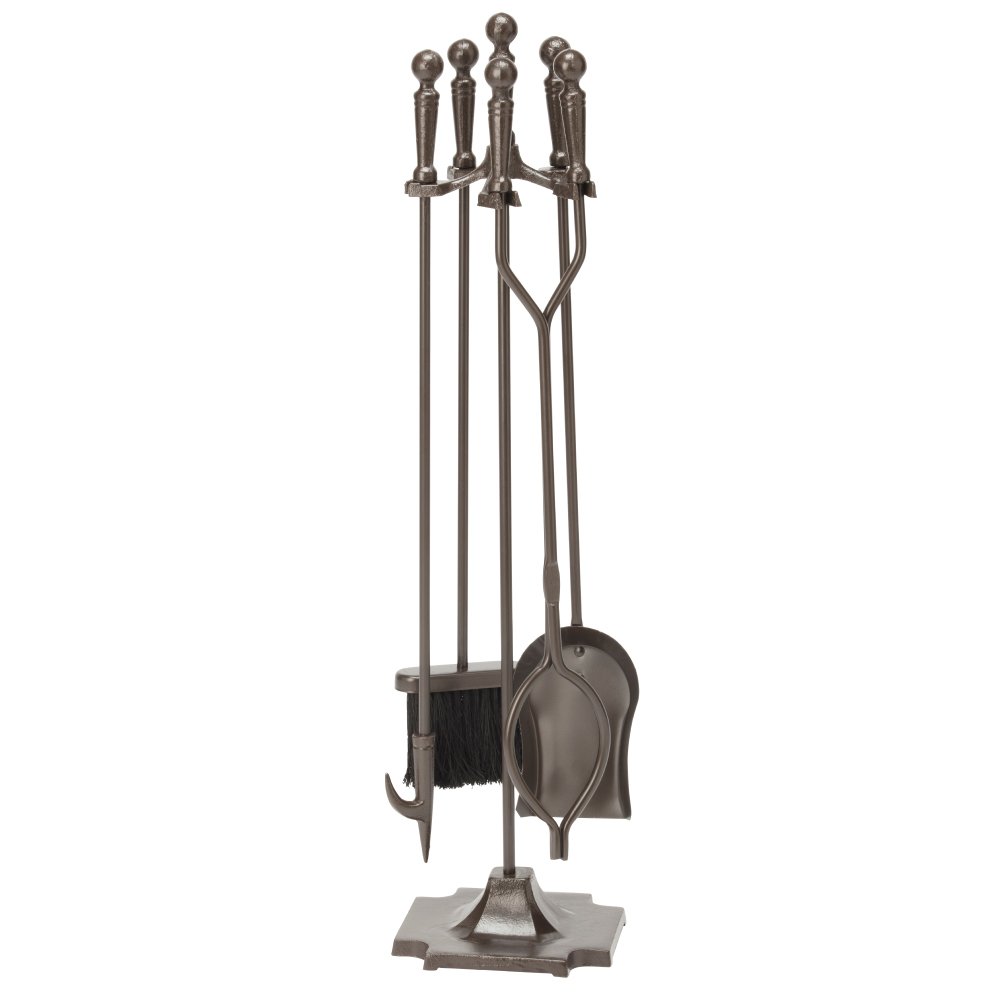 Uniflame F-1634 5-Piece Bronze Fireplace Tools Set with Ball Handles & Pedestal Base - Durable Fireplace Accessories for Home, Patio & Outdoor Fire Pits