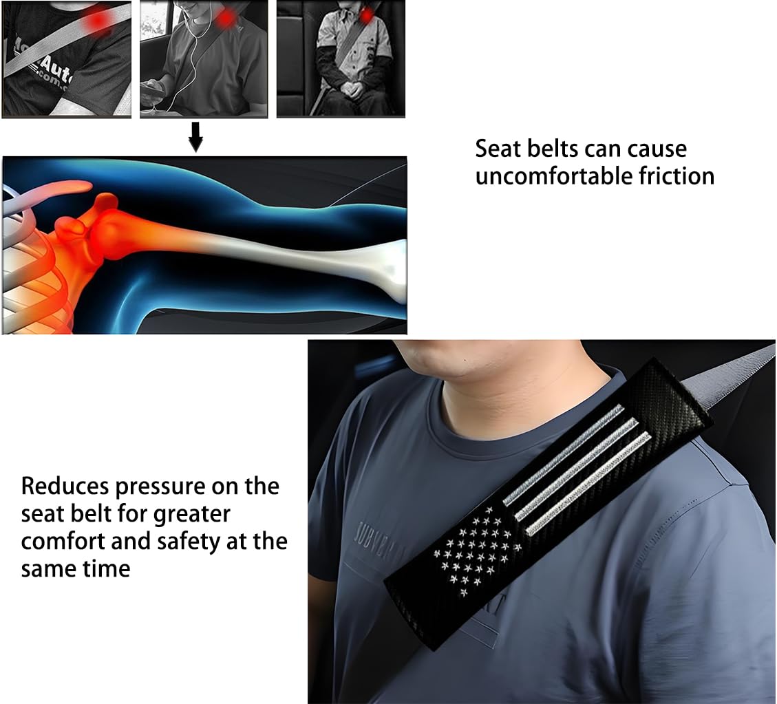 2PCS USA Flag Car Seat Belt Covers - Carbon Fiber Shoulder Pads for Comfort & Safety | American Flag Car Accessories for Patriotic Drivers & Road Trips