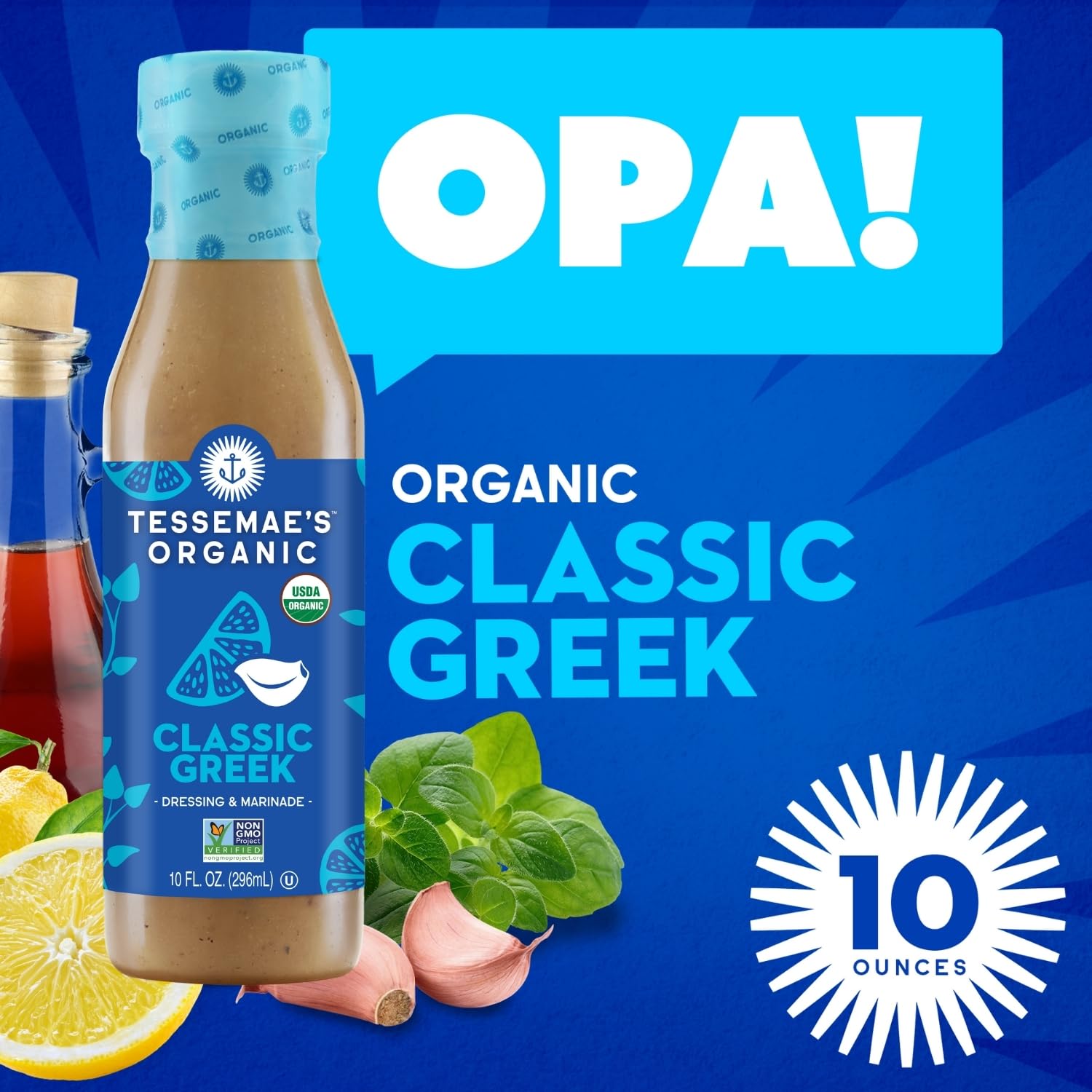 Tessemae's All Natural Organic Greek Salad Dressing - Classic Greek Flavor, Dairy Free, Vegan Friendly (1 Pack) - Perfect for Salads, Wraps, Marinades & Healthy Meal Prep
