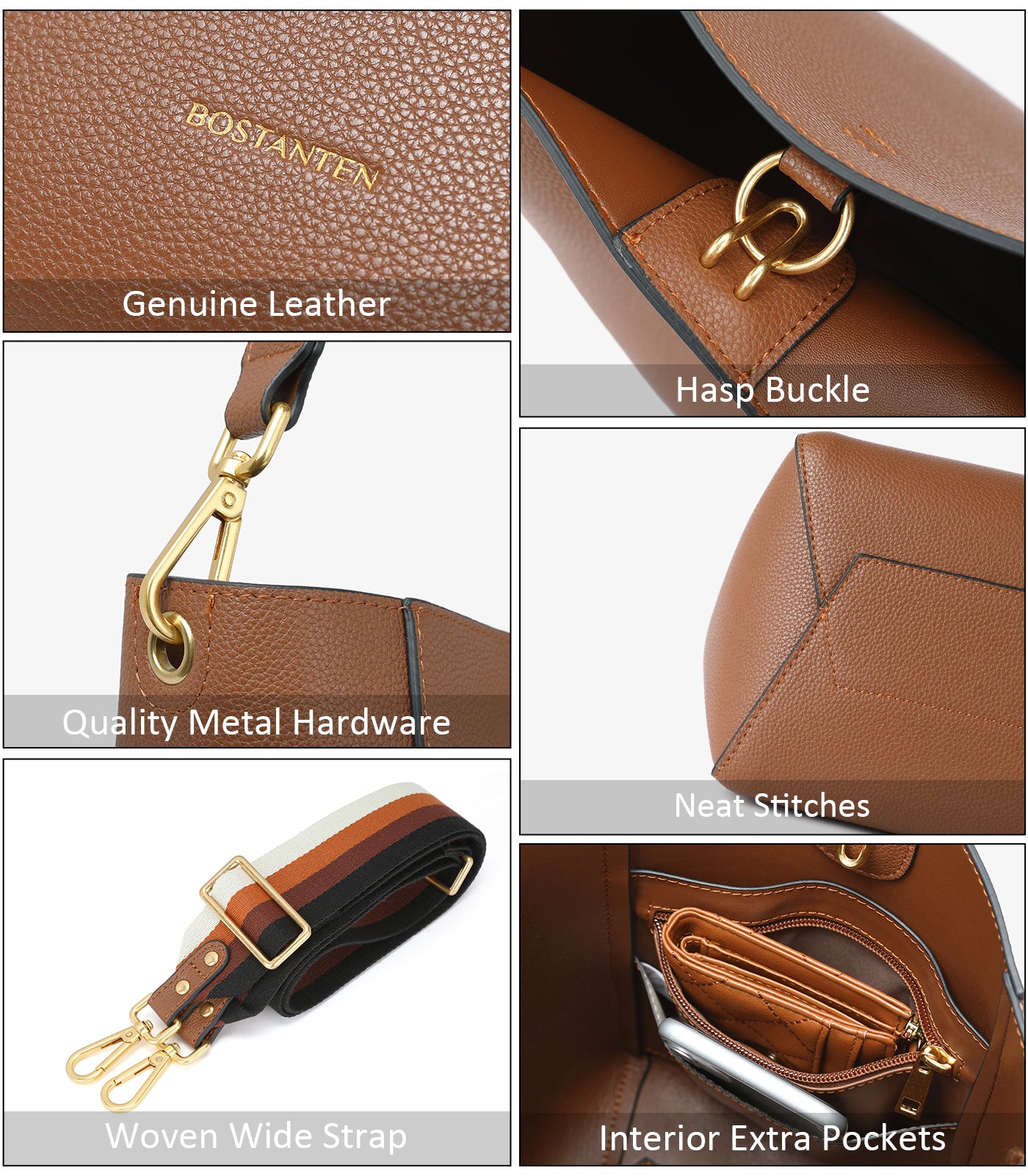 BOSTANTEN Genuine Leather Handbags for Women - Stylish Designer Hobo Bucket Bag & Small Crossbody Purse | Perfect for Work, Travel & Everyday Use