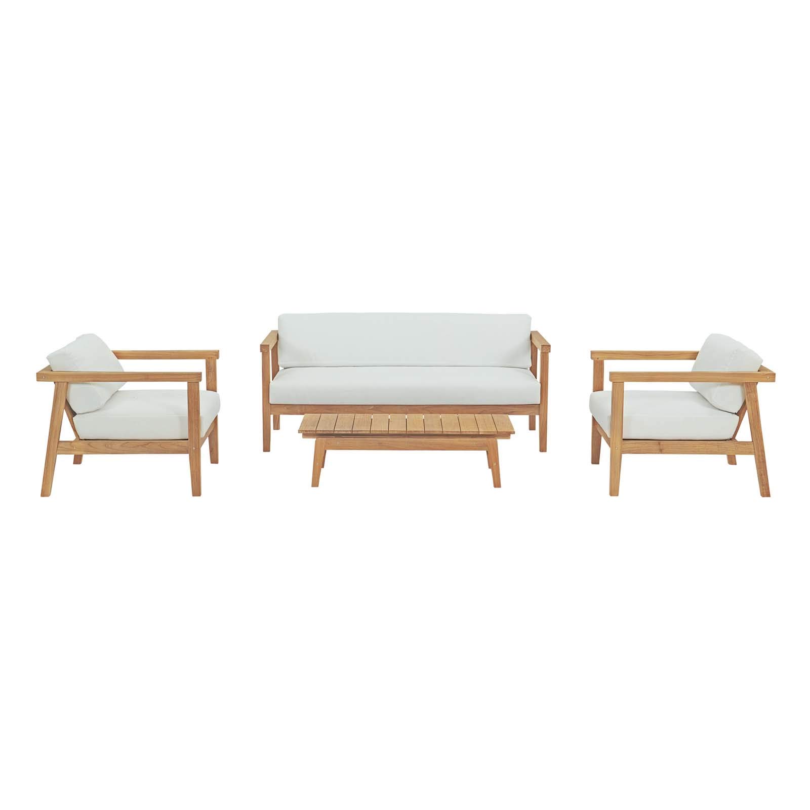 Modern Outdoor Patio Furniture Set - Wooden Lounge Chair, Sofa & Coffee Table in White Natural Finish for Balcony, Garden, Poolside & Backyard Relaxation