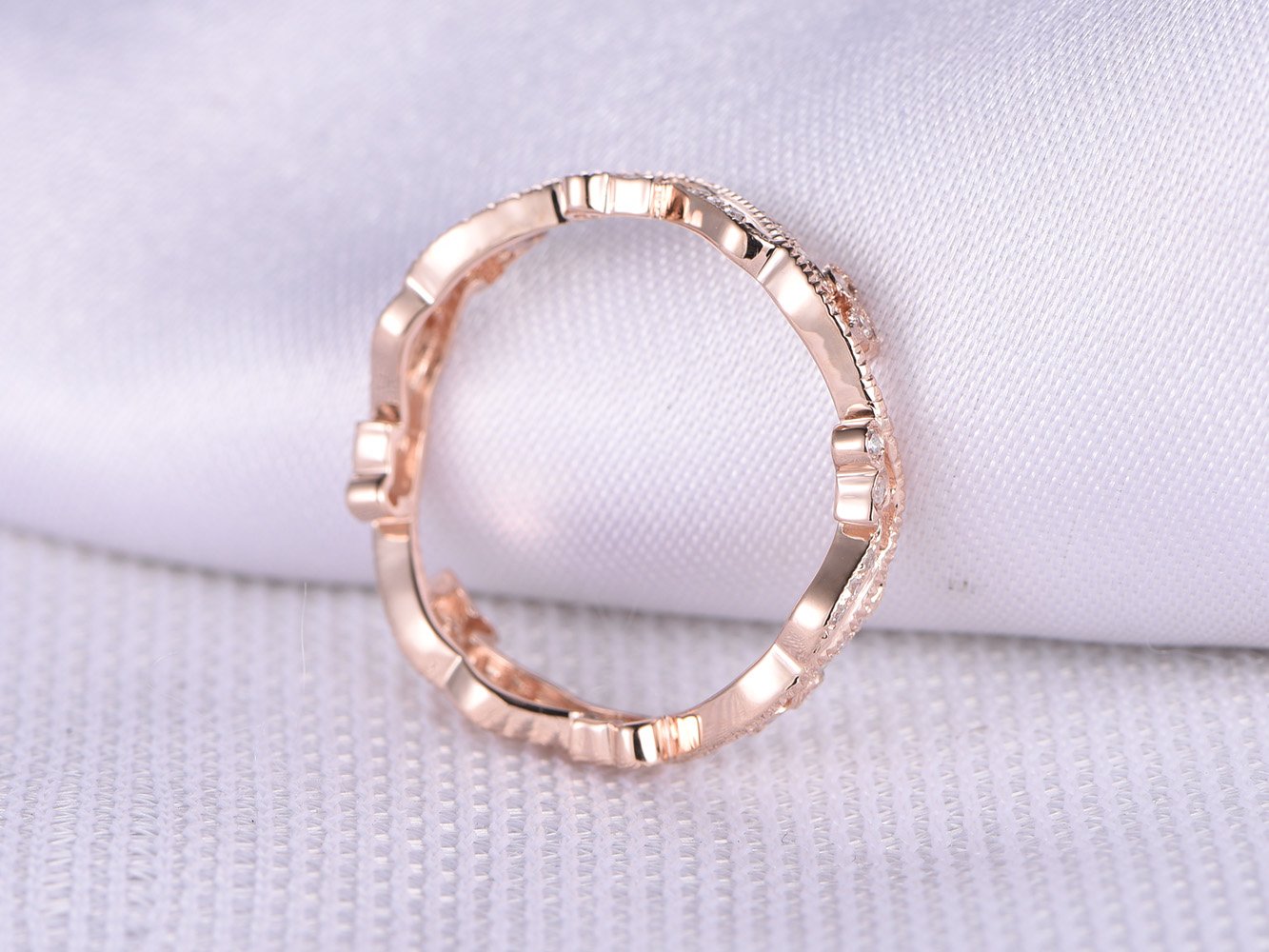 Antique Diamond Wedding Band - 14K Rose Gold Swirl & Milgrain Floral Engagement Ring | Art Nouveau Style for Vintage Brides & Anniversary Gifts