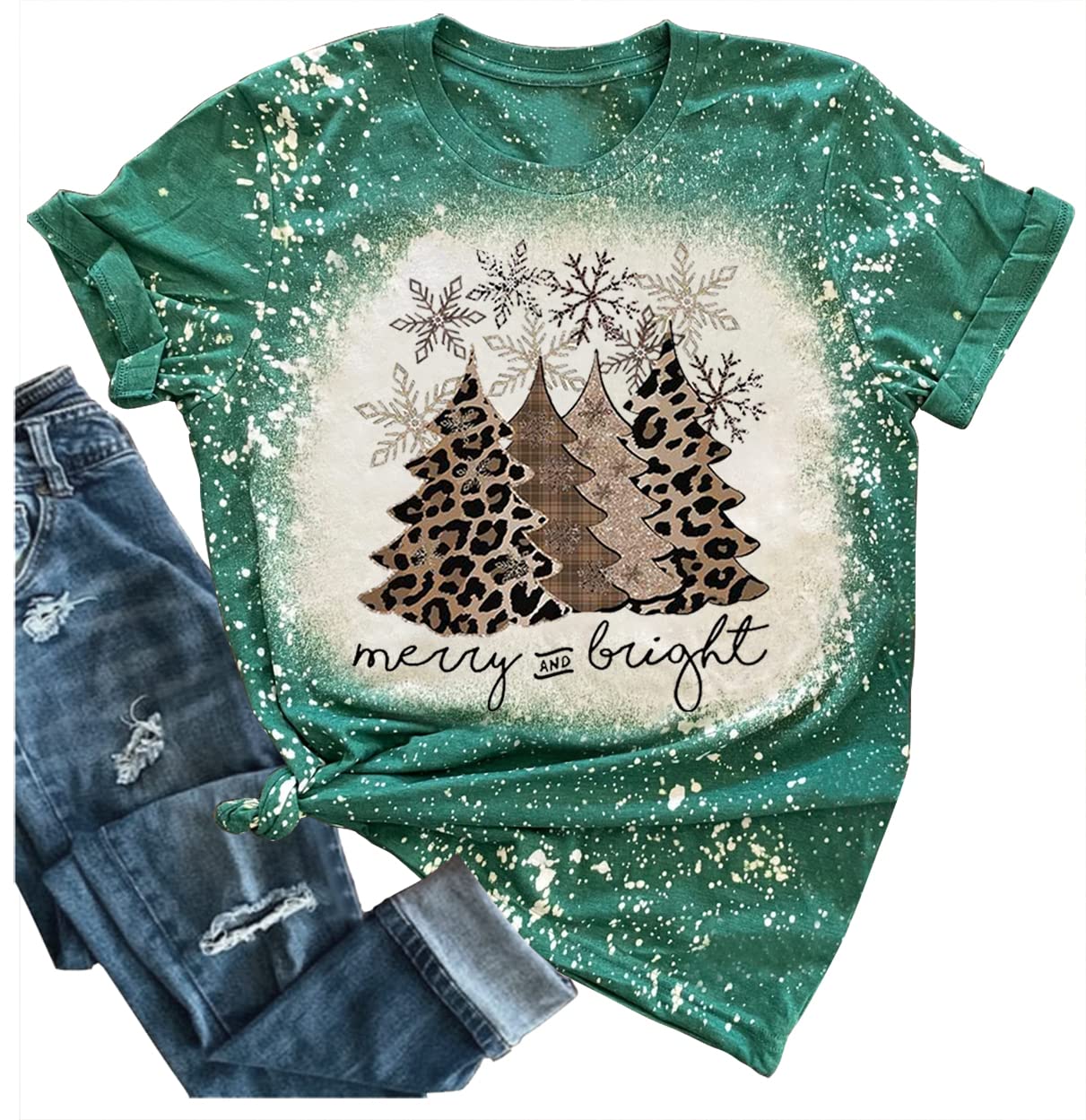 Leopard Print Christmas Tree Snowflake Graphic T-Shirt - Funny Merry & Bright Holiday Tee for Christmas Vacation & Festive Celebrations
