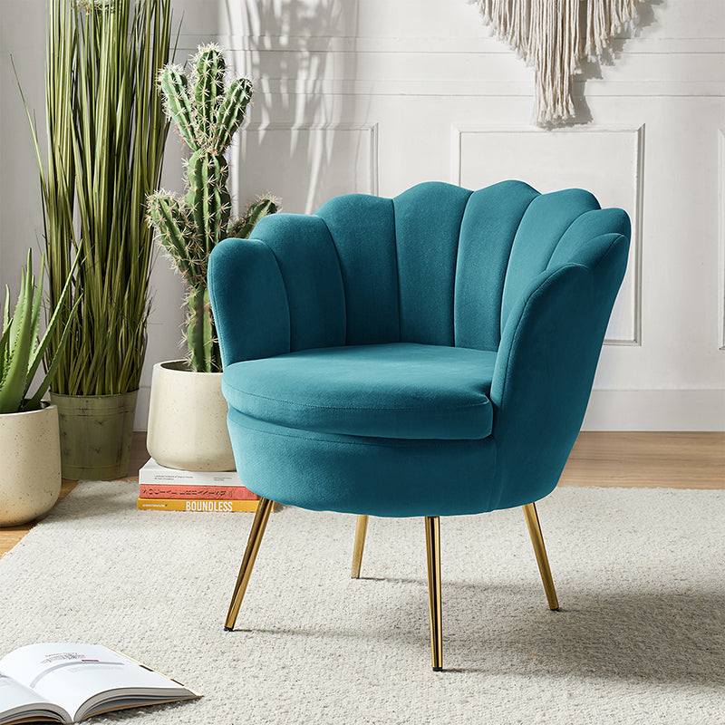 Evelia Velvet Scalloped Barrel Chair - Luxurious Velvet Accent Chair with Curved Back for Living Room, Bedroom & Office - Perfect for Reading Nook, Lounge Area or Home Decor