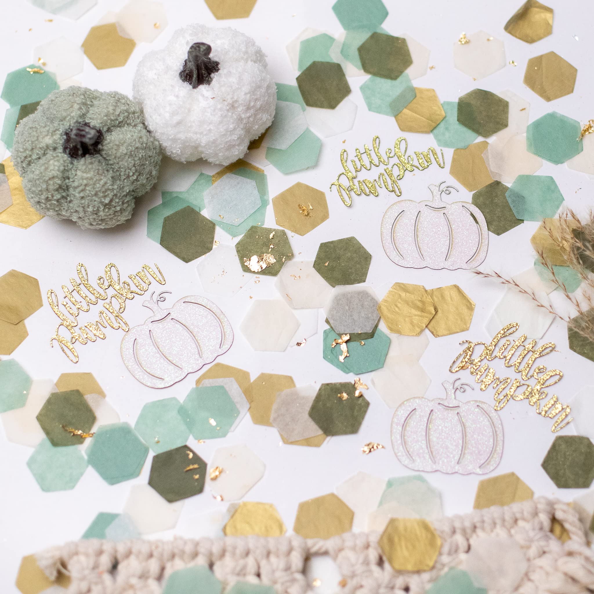 Little Pumpkin Baby Shower Decorations - Pink & White Pumpkin Confetti for Baby Shower Girl (Green & Gold Theme) | Gender Reveal Party, Fall Nursery Decor, Halloween Baby Celebration
