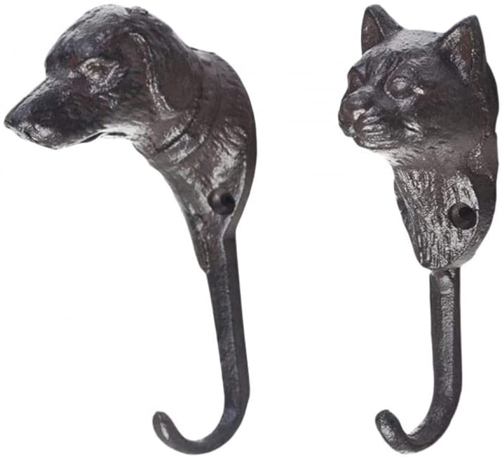 Vintage Cat and Dog Head Shaped Cast Iron Wall Hooks - Decorative Coat Hanger for Hats, Bags & Home Decor - Perfect for Bedroom, Entryway, Bar & Farmhouse Style (1 Pair)