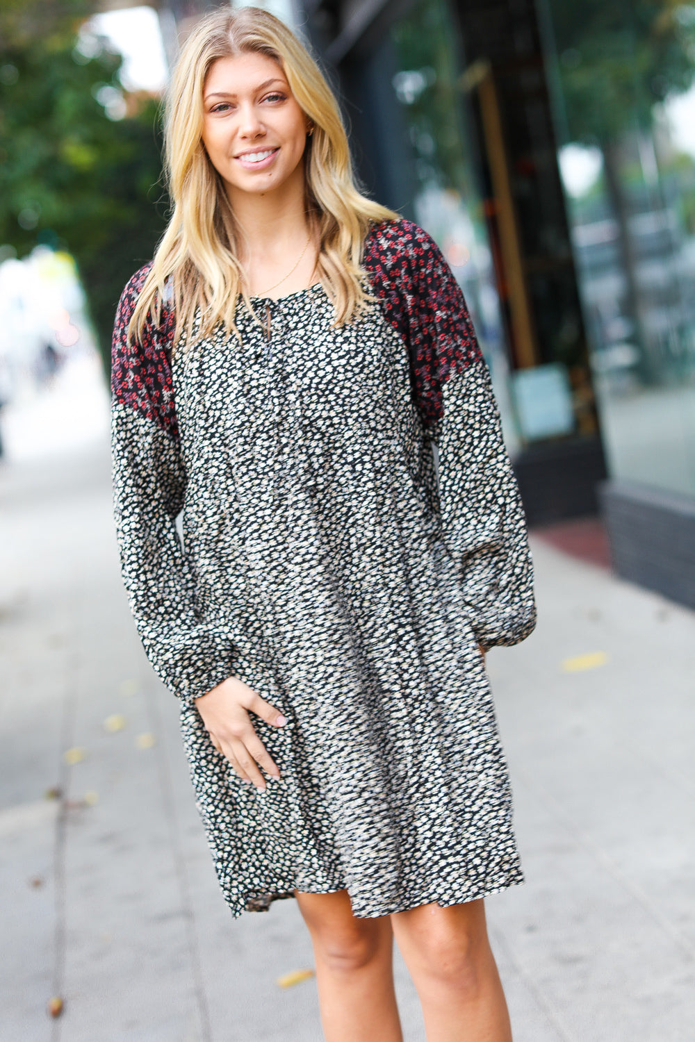 Black Ditzy Floral Bubble Sleeve Keyhole Woven Dress for Women | Summer Boho Chic Party & Wedding Guest Outfit