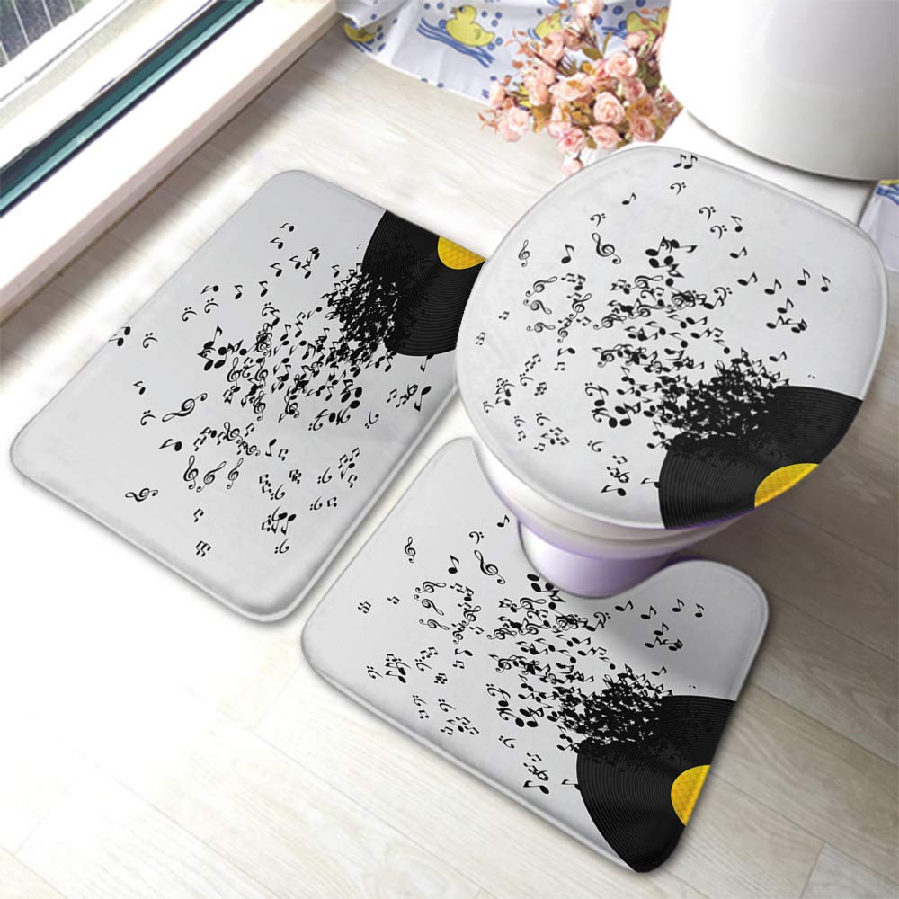 Vinyl Records Music Note Bath Mat Set - 3 Piece Non-Slip Bathroom Rug with Toilet Seat Cover | Waterproof Anti-Skid Shower Mat for Music Lovers' Home Decor