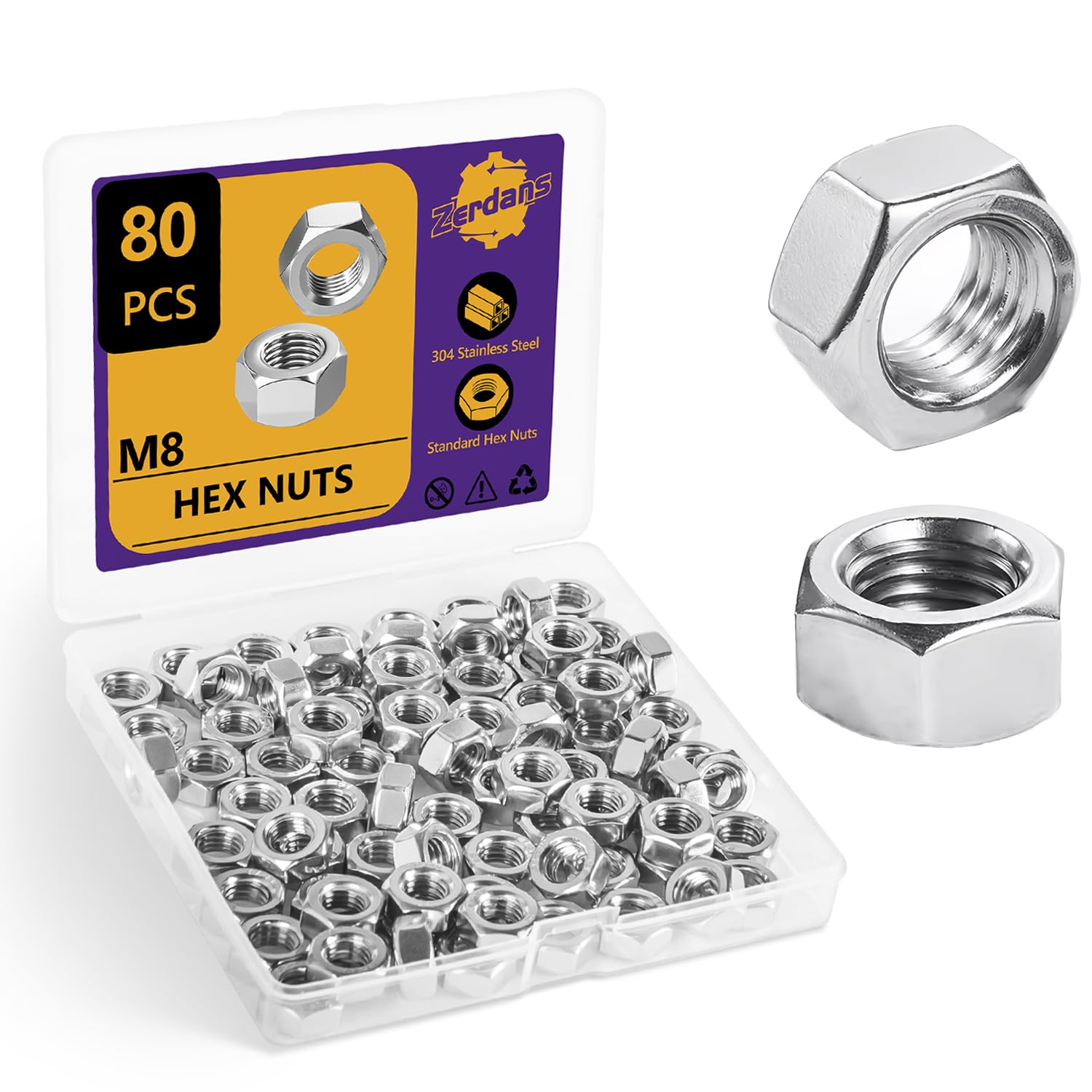 80Pcs M8-1.25mm 304 Stainless Steel Hex Nuts - Metric Hardware Set for Bolts | Furniture, Automotive, Industrial & Construction Use | Corrosion-Resistant Fasteners for DIY Projects & Machinery Assembly