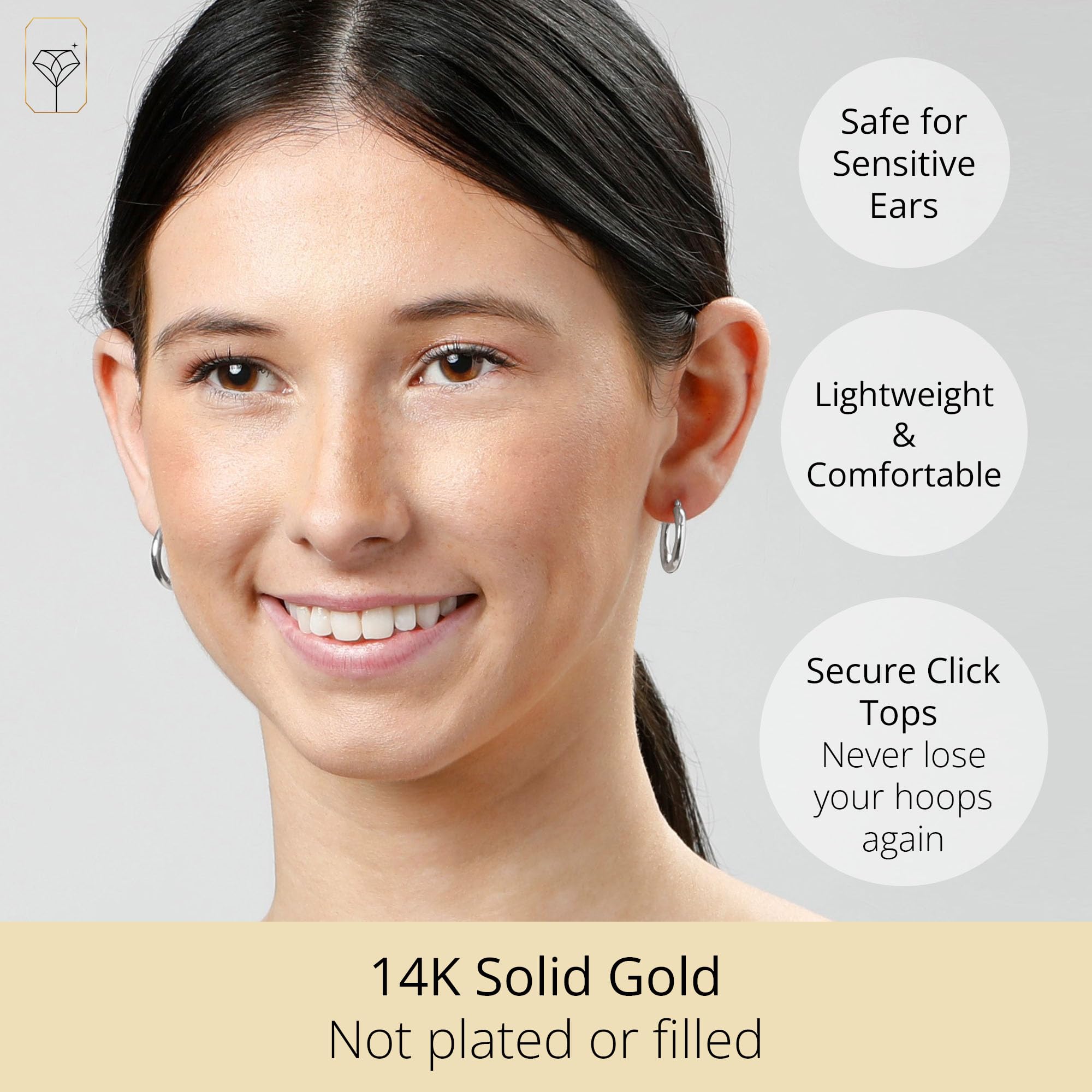 14K Solid Gold Hoop Earrings for Women - Yellow or White Gold Click-Top Hoops (0.75