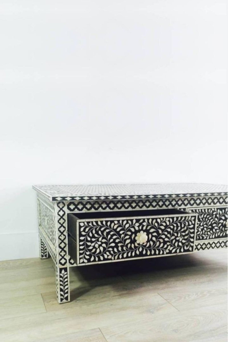 Handmade Bone Inlay Black Coffee Table with Two Drawers - Elegant Boho Side Table for Living Room, Bedroom & Office Decor
