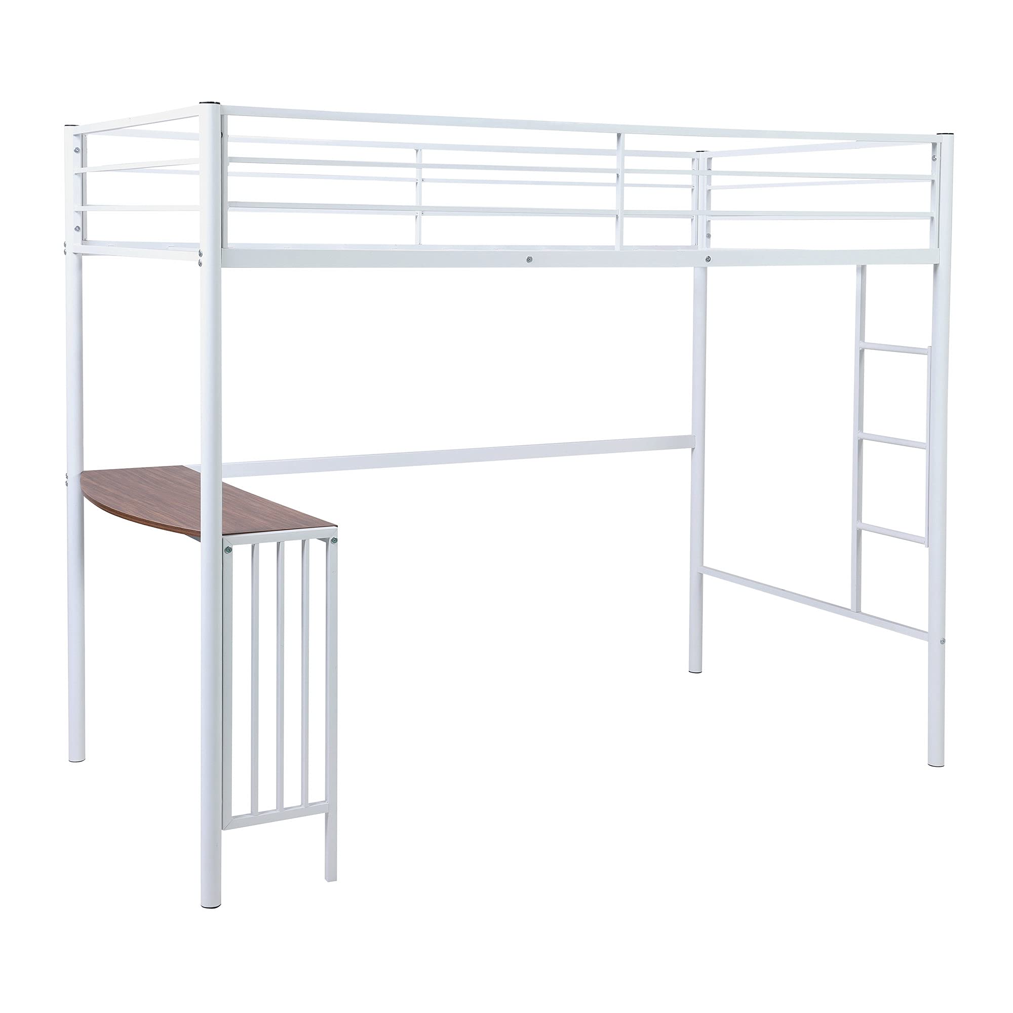 **Metal Loft Bed Frame with Ladder, Guardrails, Desk & Bookcase - Twin Size Space-Saving Bunk Bed for Teens, Kids, Boys & Girls (White) - Perfect for Small Bedrooms, Dorms & Studio Apartments**
