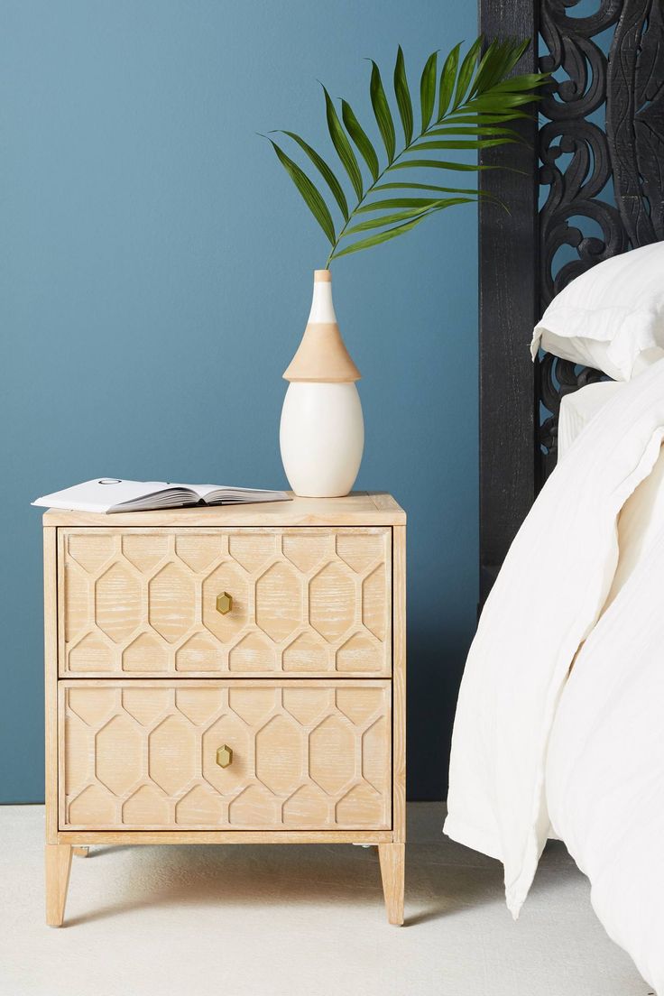 Hand Carved Textured Wooden Nightstand with 2 Drawers - Black Bedside Table for Bedroom | Modern Bedroom Furniture, Small Space Storage Solution