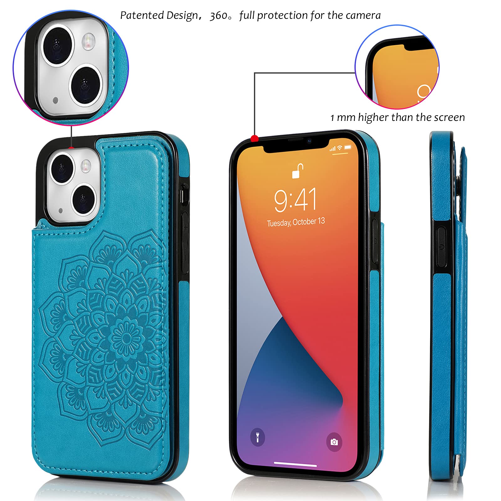 Premium PU Leather Wallet Case for iPhone 13 with Card Holder & Kickstand - Floral Embossed Design, Shockproof Protective Cover (Blue) - Perfect for Everyday Use, Travel & Hands-Free Viewing