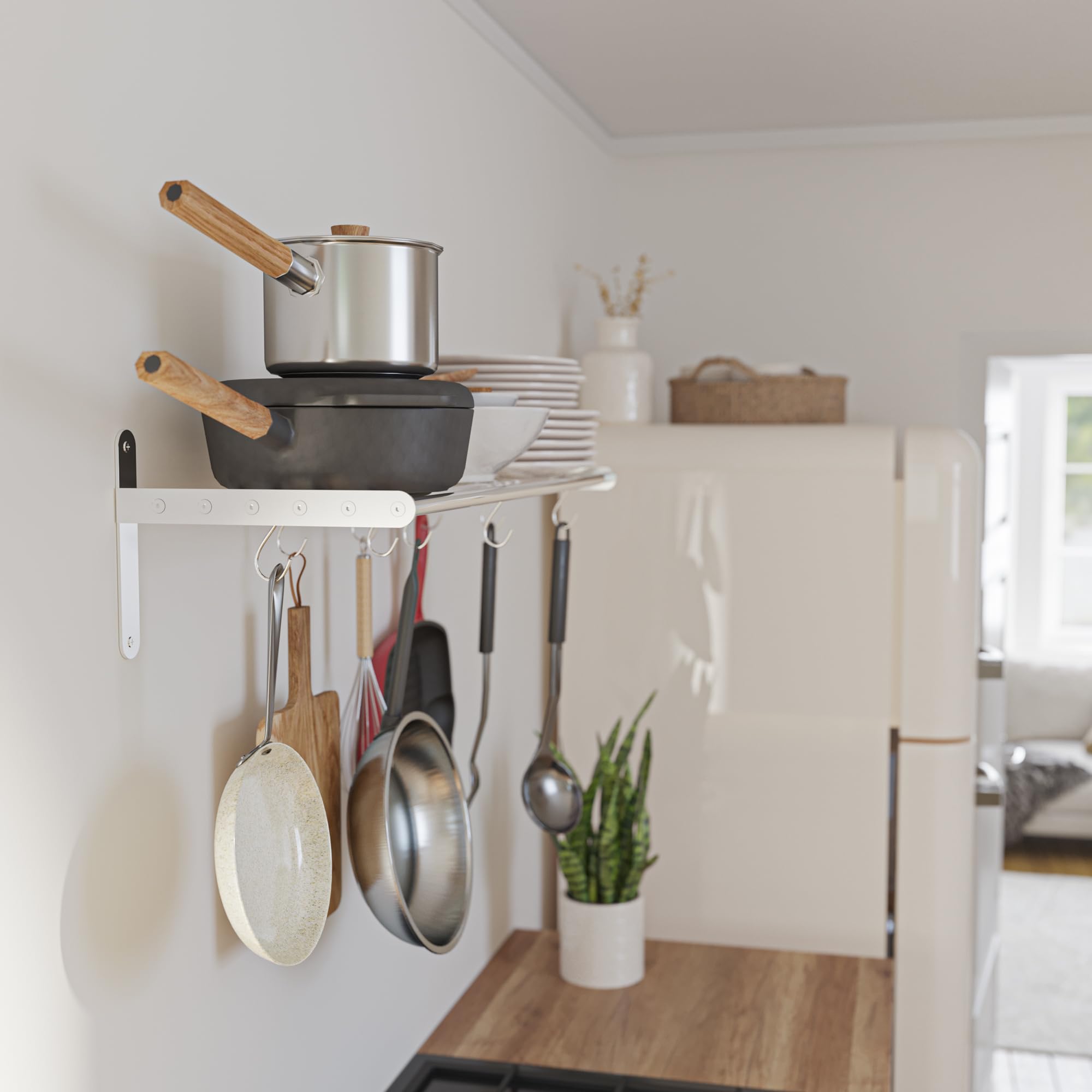 Wallniture Lyon Stainless Steel Wall Mounted Kitchen Shelf with 10 S-Hooks - Pot Rack Organizer for Cookware Storage - Space Saving Solution for Small Kitchens & Pantries (Chrome Finish) - Perfect for Hanging Pots, Pans, Utensils & Kitchen Accessories