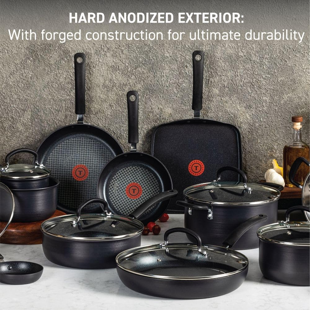 T-fal Ultimate Hard Anodized Nonstick 17-Piece Cookware Set - Oven & Broiler Safe to 400°F, Dishwasher Safe - Includes Fry Pans, Saucepans, Saute Pan & Griddle - Perfect for Family Cooking, Holiday Meals & Professional Kitchens