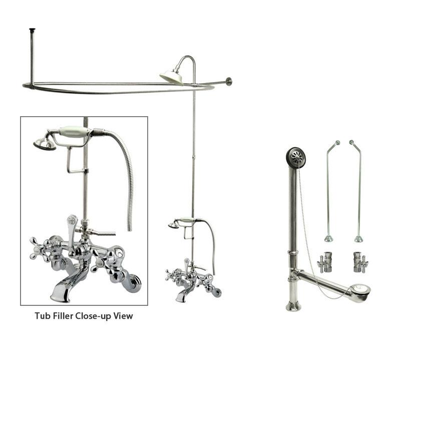 Vintage Chrome Clawfoot Bathtub Faucet with Shower Kit & Enclosure Curtain Rod 464T1CTS - Perfect for Classic Bathroom Renovations & Freestanding Tub Installations