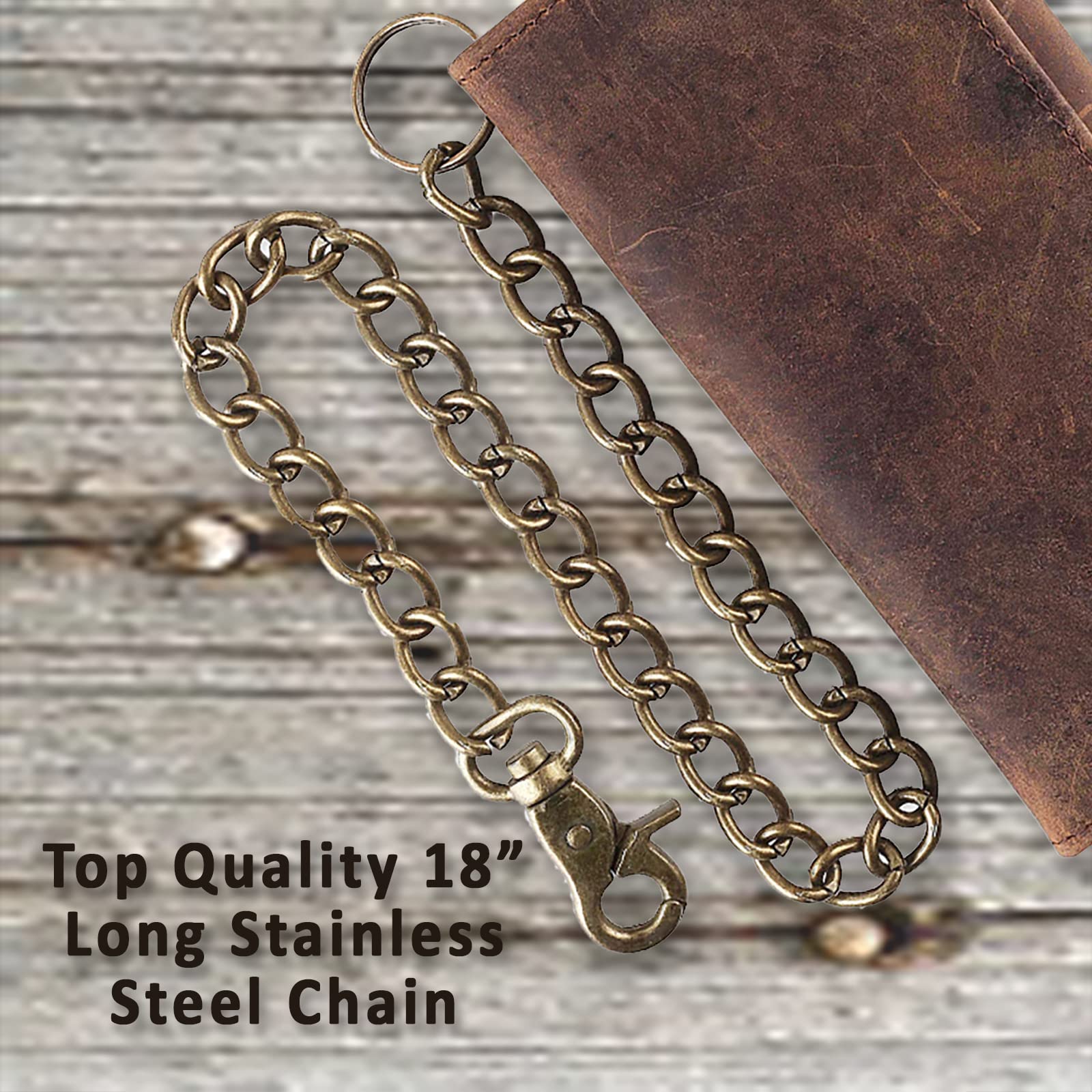 F&L CLASSIC RFID Blocking Men's Tri-Fold Long Wallet - Genuine Cowhide Leather with Steel Chain - Vintage Buffalo Leather Design - Perfect for Travel, Business & Everyday Use