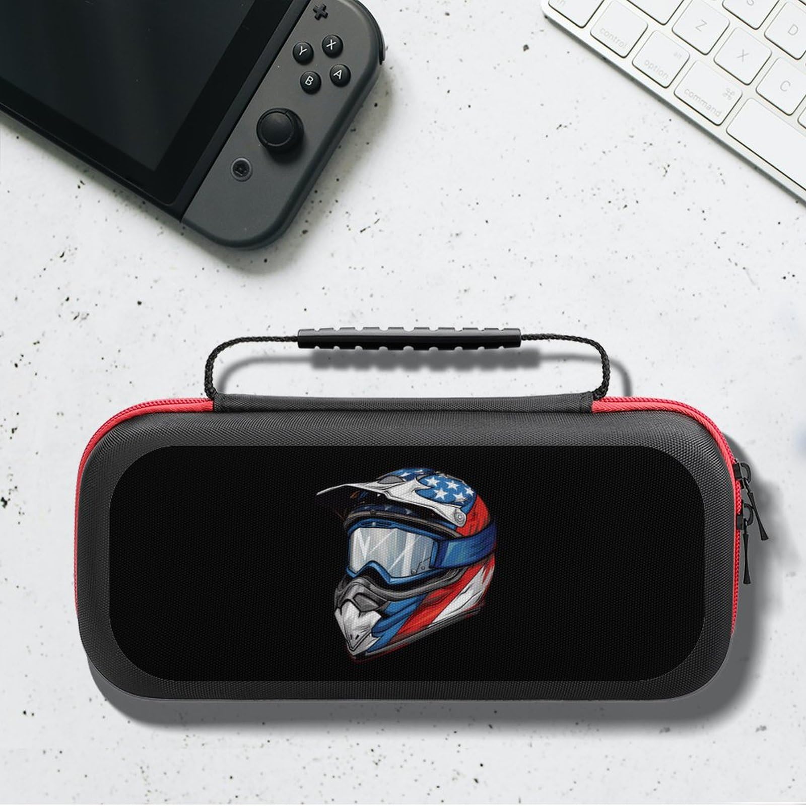 American Flag Dirt Bike Helmet & Motocross Protective Case - Portable Travel Hard Shell Storage for Nintendo Switch - Perfect for Gaming, Motorcycle Rides & Outdoor Adventures