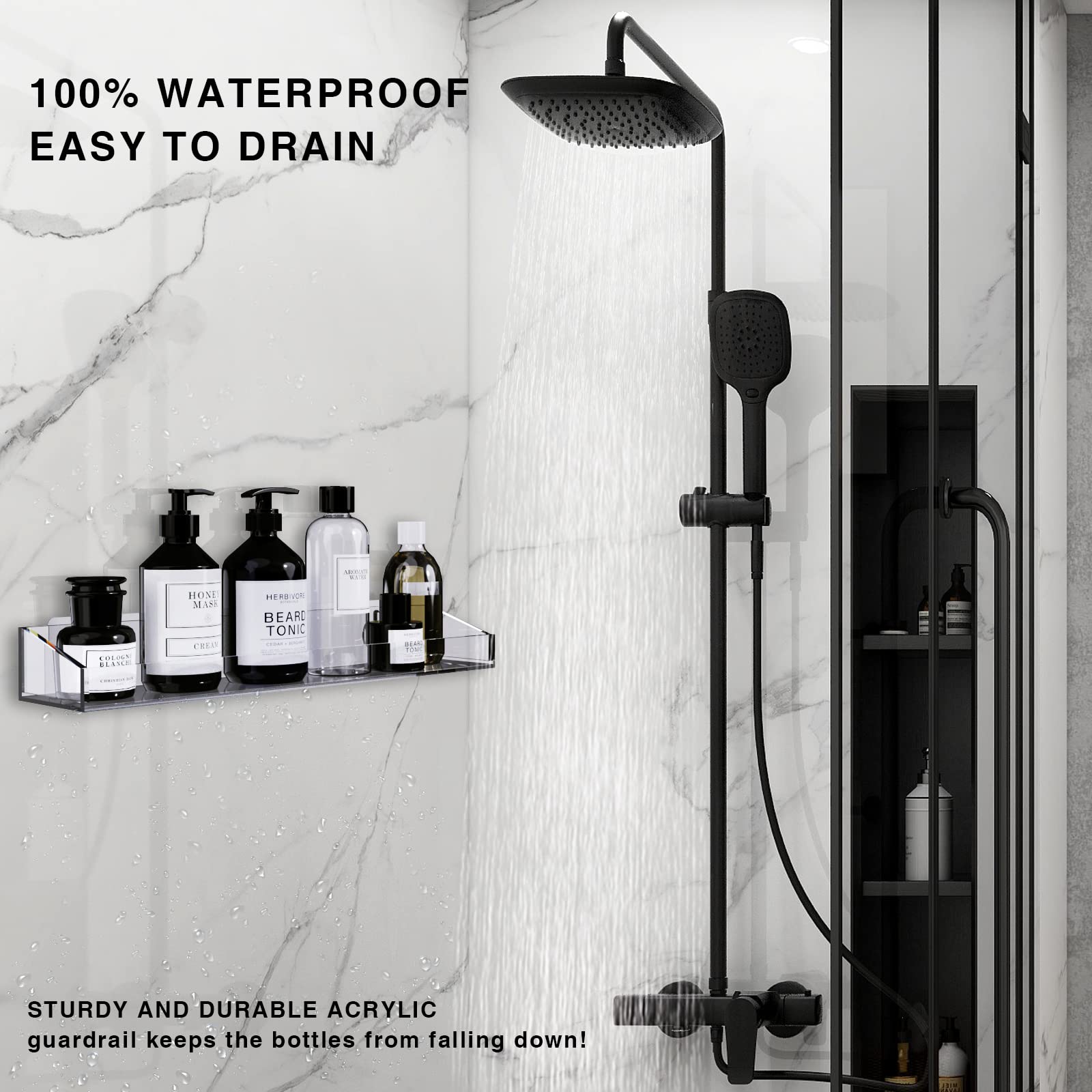 2 Pack Acrylic Shower Caddy Shelves - Self Adhesive Bathroom Storage Organizer for Shampoo, Soap & Toiletries - Waterproof Wall Mounted Shower Shelf for Home, Apartment & Dorm Organization (Perfect for Small Bathrooms & Space Saving)