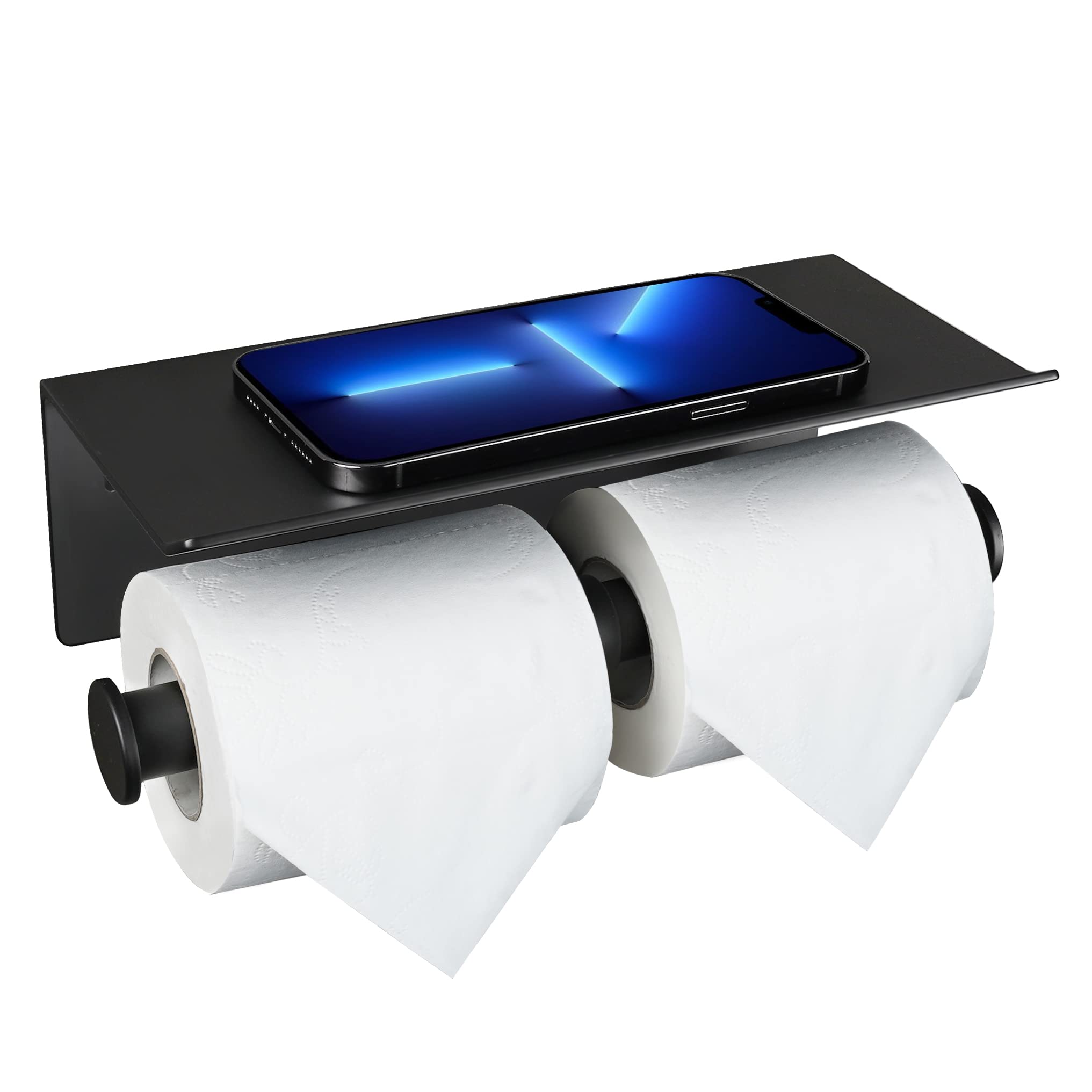 Upgraded Self-Adhesive Toilet Paper Holder with Oversized Phone Shelf - Sturdy Aluminum Bathroom Tissue Roll Holder - Wall Mounted with Adhesive Tape or Screws (Black) - Perfect for Small Bathrooms, Apartments & RVs