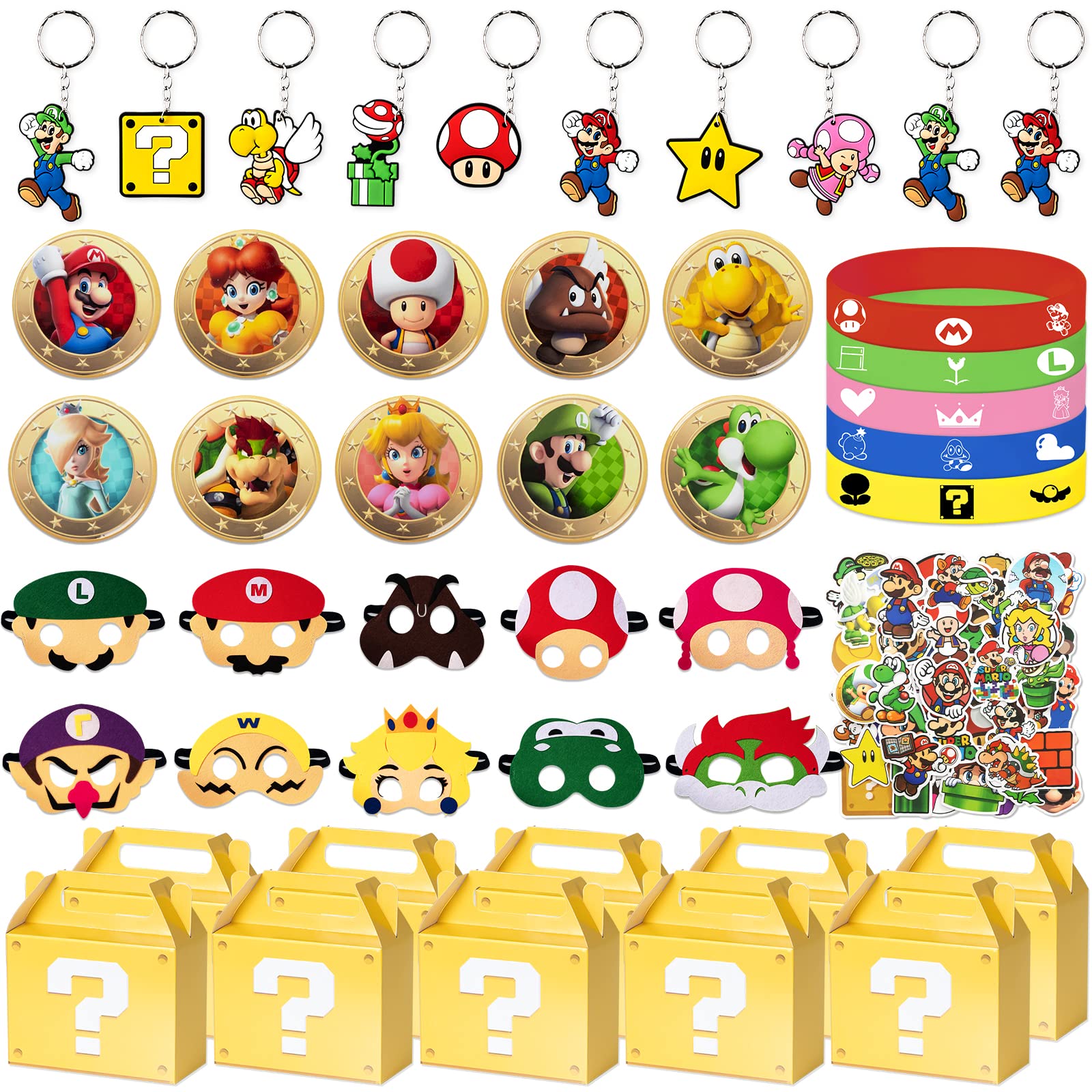 80 Pcs Kids Party Favors Set - 10 Bracelets, 10 Keychains, 10 Button Pins & 50 Stickers | Bulk Themed Party Supplies | Perfect for Birthday Celebrations, Classroom Rewards & Goodie Bags