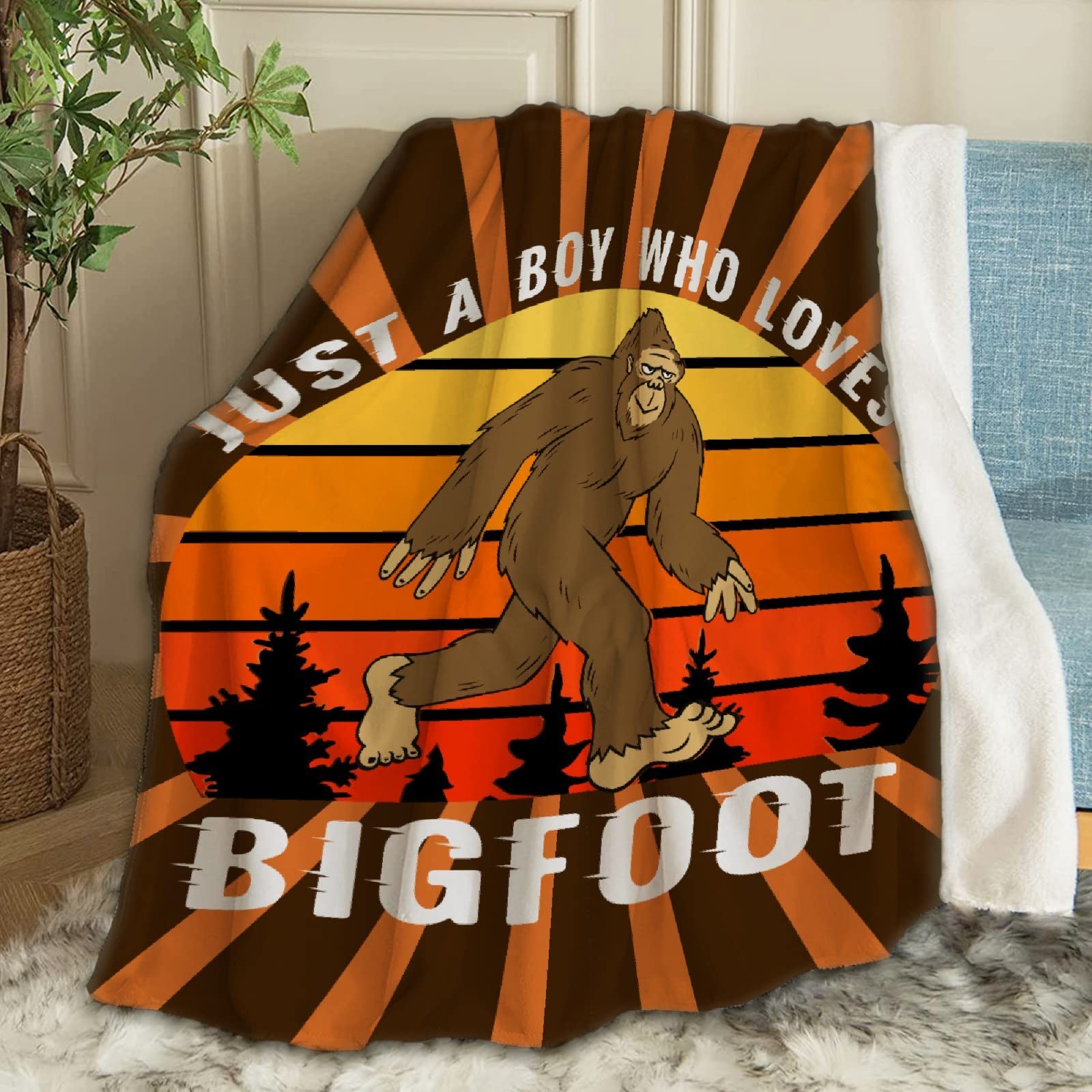ARTBLANKET Just A Boy Who Loves Bigfoot Throw Blanket - Ultra Soft Flannel Fleece Microfiber Plush Blanket for All Seasons (120x90 inches) - Perfect for Bed, Couch, Sofa & Family Movie Nights