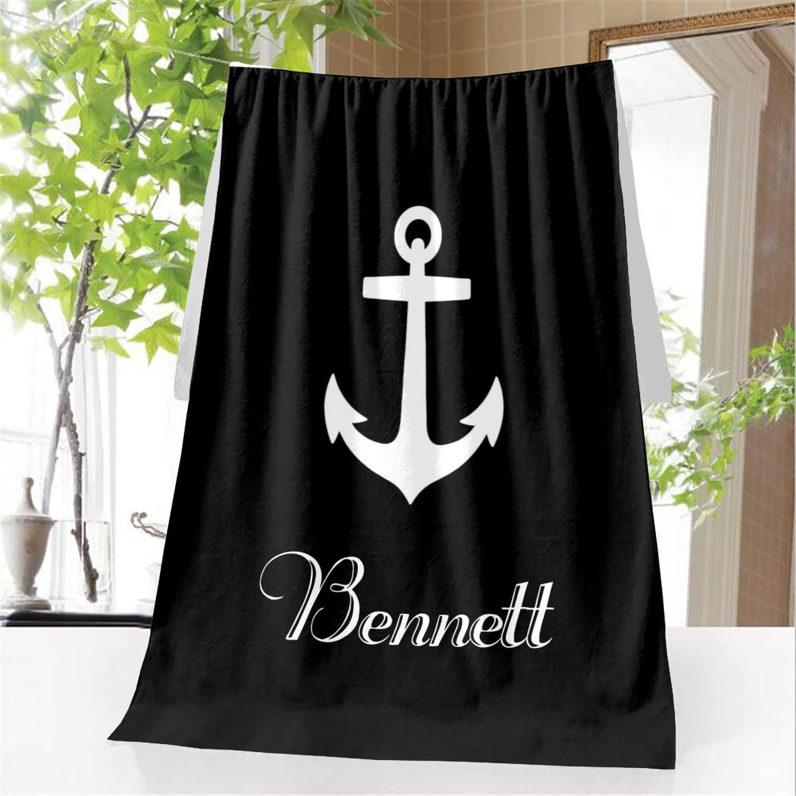 Quick Dry Microfiber Beach Towel Set - Personalized Nautical Anchor Design with Black Stripes for Adults & Kids | Perfect for Pool, Bath, Travel & Wedding Gifts