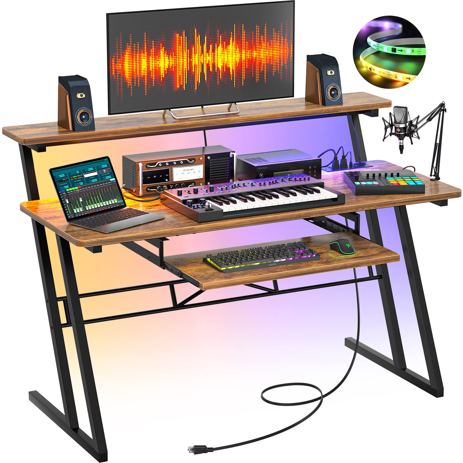Armocity Music Studio Desk with Power Outlets & RGB LED Lights - Professional Recording Desk for Music Producers - Adjustable Rustic Brown Workstation for Home & Professional Studios | Perfect for Music Production, Podcasting & Audio Editing