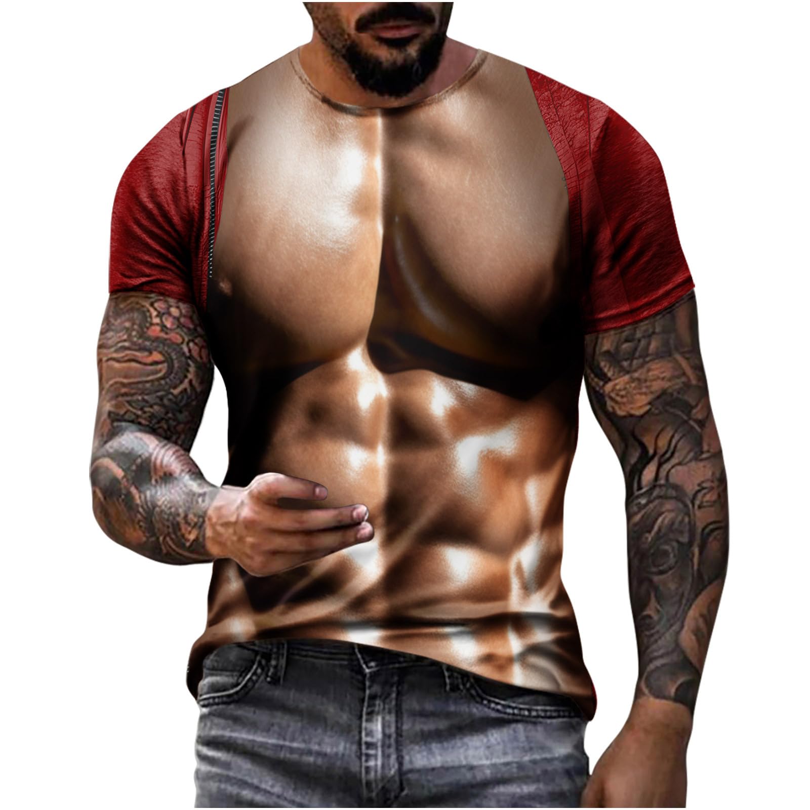 Funny Fake Abs 3D Muscle Printed T-Shirt for Men - Novelty Graphic Tee Shirt, Summer Short Sleeve Comfortable Cotton Top - Perfect for Gym, Workout, Parties & Casual Wear