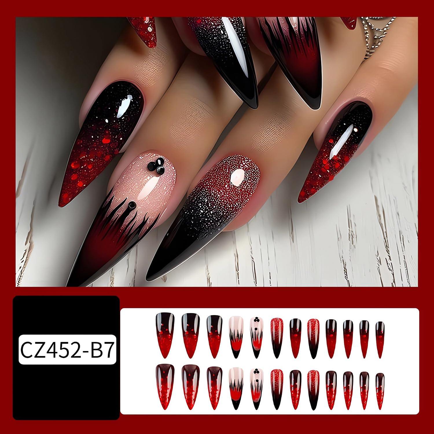 Long Stiletto Press on Nails - Black Red Gradient with Diamond Glitter | Glossy Full Cover Fake Nails | French Acrylic False Nail Tips | Cute Stick on Nails for Women | Perfect for Parties, Weddings & Special Occasions