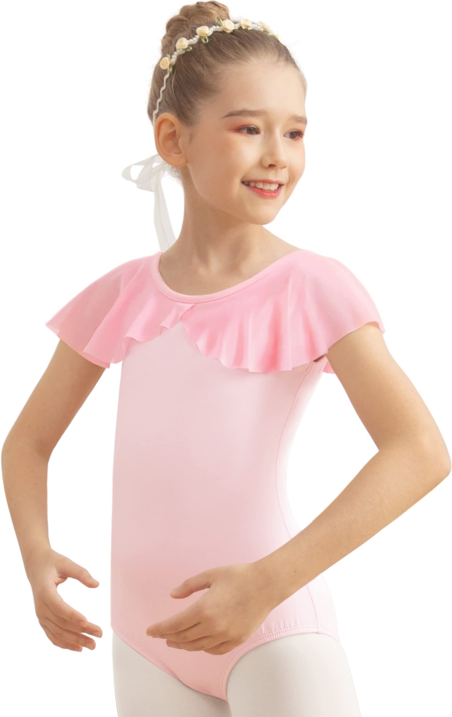 DANSHOW Girls' Ballet Leotard with Flutter Sleeves, Petal Skirt & Back Bow - Dancewear for Ballet Class, Recital & Performance