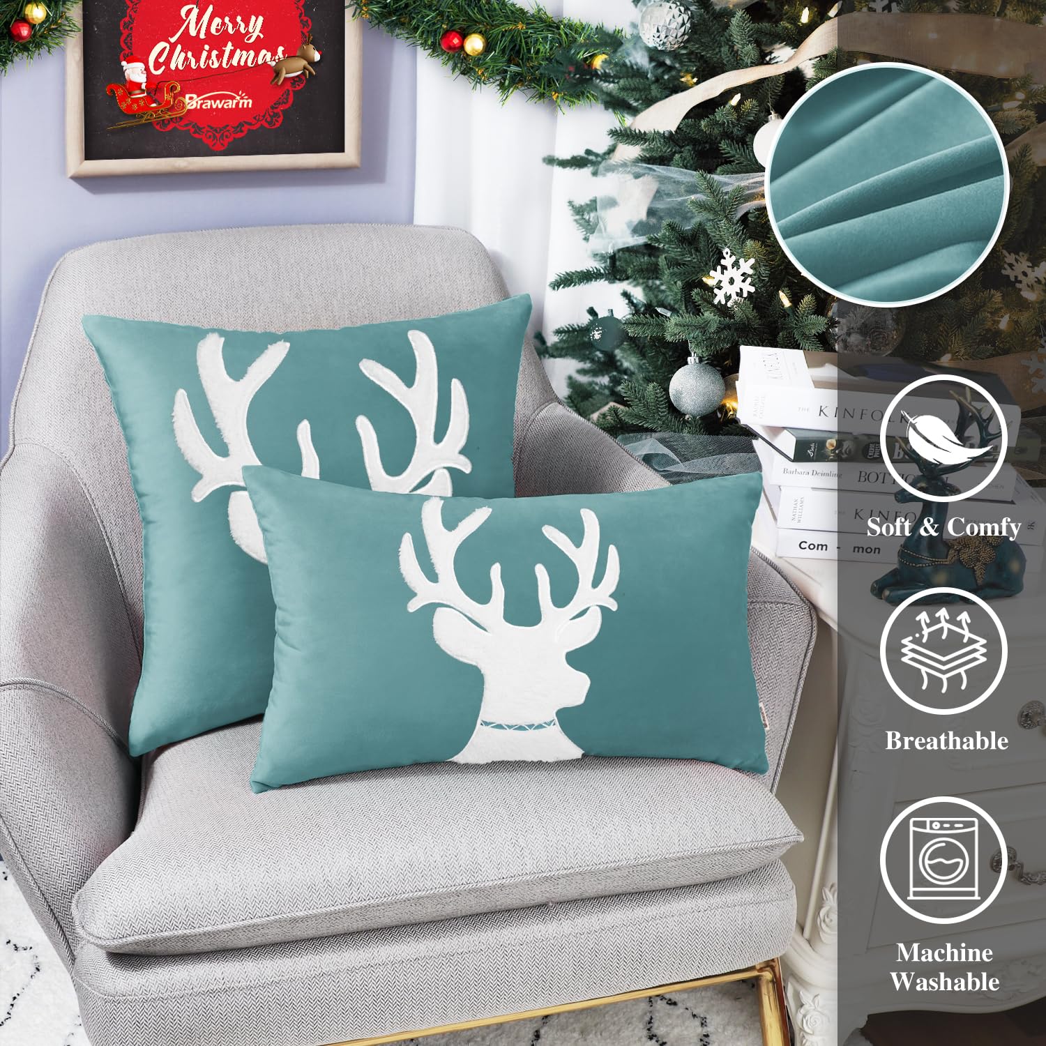 BRAWARM Christmas Pillow Cover 20x20 Inches - Teal Reindeer Embroidered Velvet Throw Pillow Case for Couch, Bed, Sofa - Cozy Holiday Home Decor for Living Room, Bedroom & Christmas Party Decoration