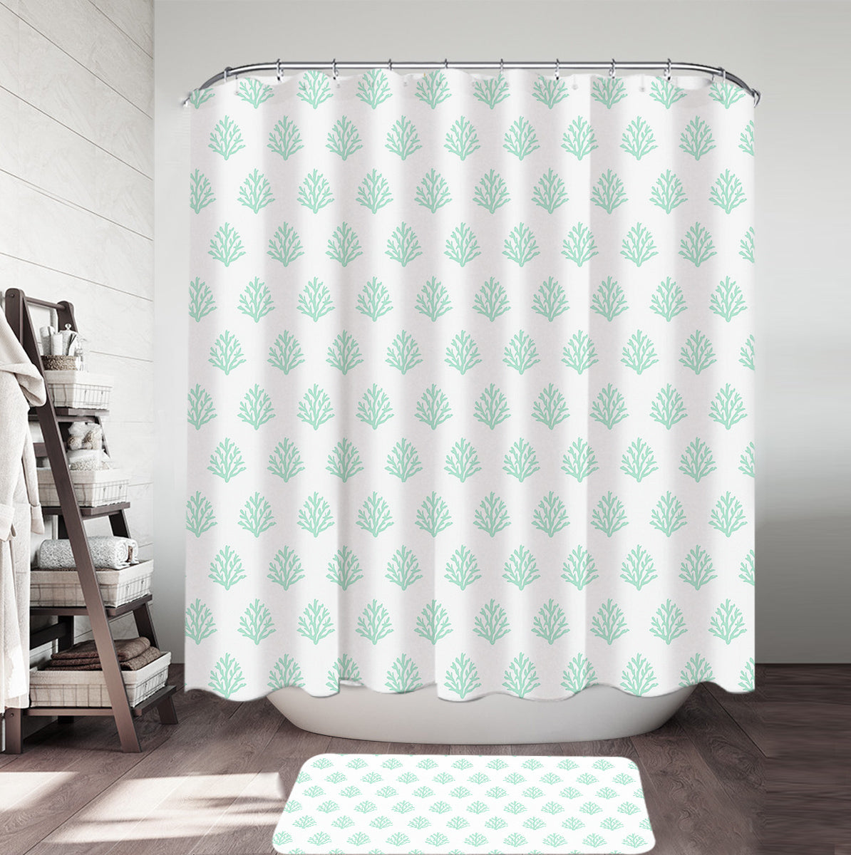 Coral Mint Shower Curtain - Waterproof Bathroom Decor with Rust-Resistant Grommets - Perfect for Coastal, Boho & Modern Bathrooms