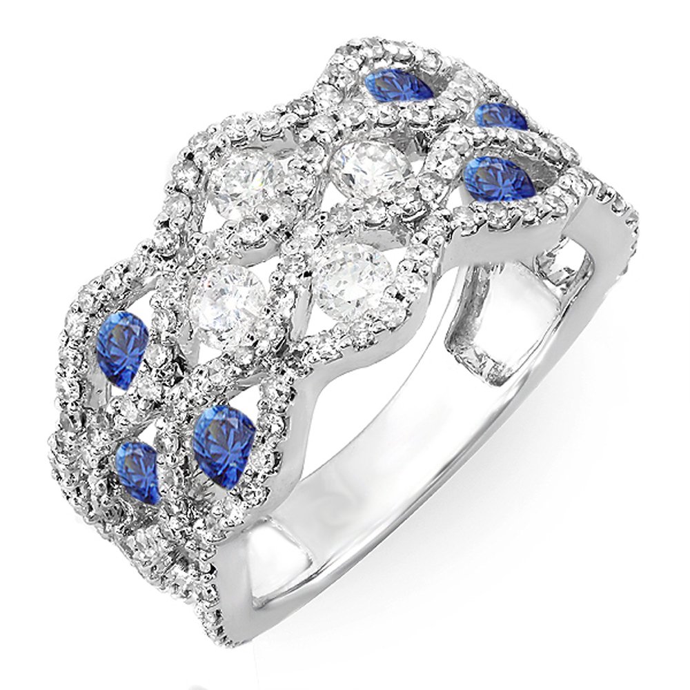 Dazzlingrock 14K Solid White Gold Round White Diamond & Blue Sapphire Women's Cocktail Ring - Elegant Right Hand Ring for Parties, Weddings & Special Occasions