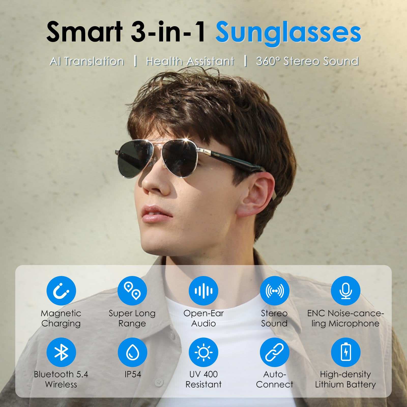 Smart Bluetooth Sunglasses for Men & Women - Wireless Aviator Audio Glasses with Open Ear Speakers, Voice Control, AI Assistant & Real-Time Translation | Perfect for Travel, Driving & Outdoor Activities