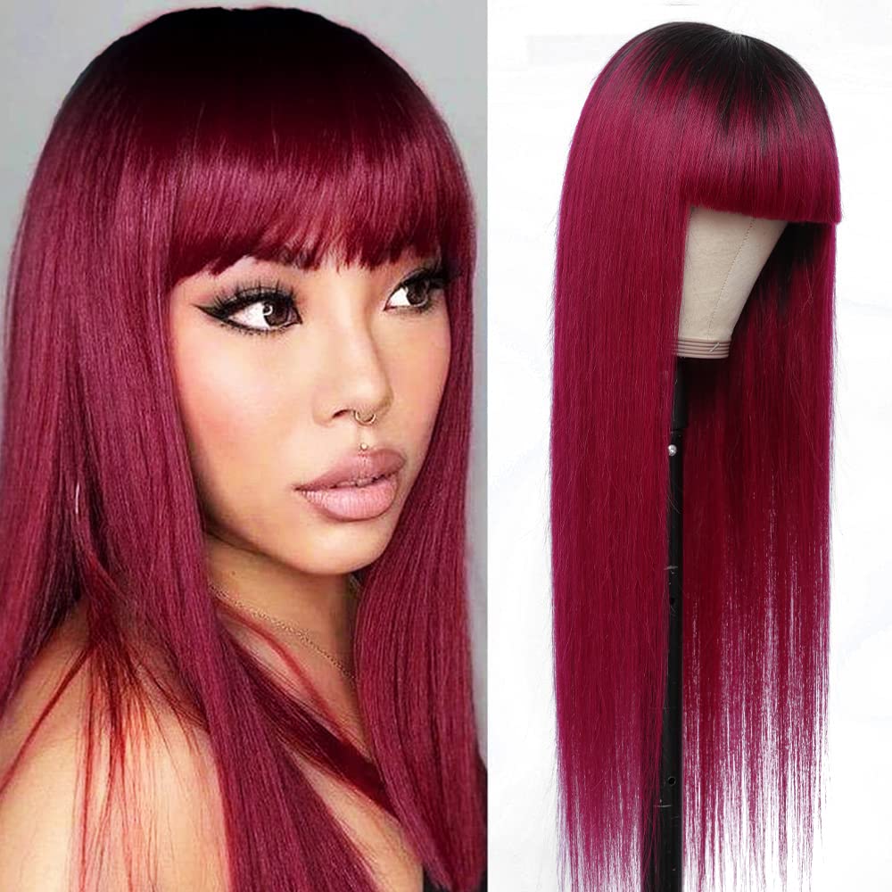 REMY Ombre Burgundy Red Glueless Human Hair Wigs - 20 Inch Brazilian Virgin Hair with Pre-Plucked Baby Hair, Non-Lace Straight Colored Wigs for Women | Perfect for Daily Wear, Cosplay & Special Occasions