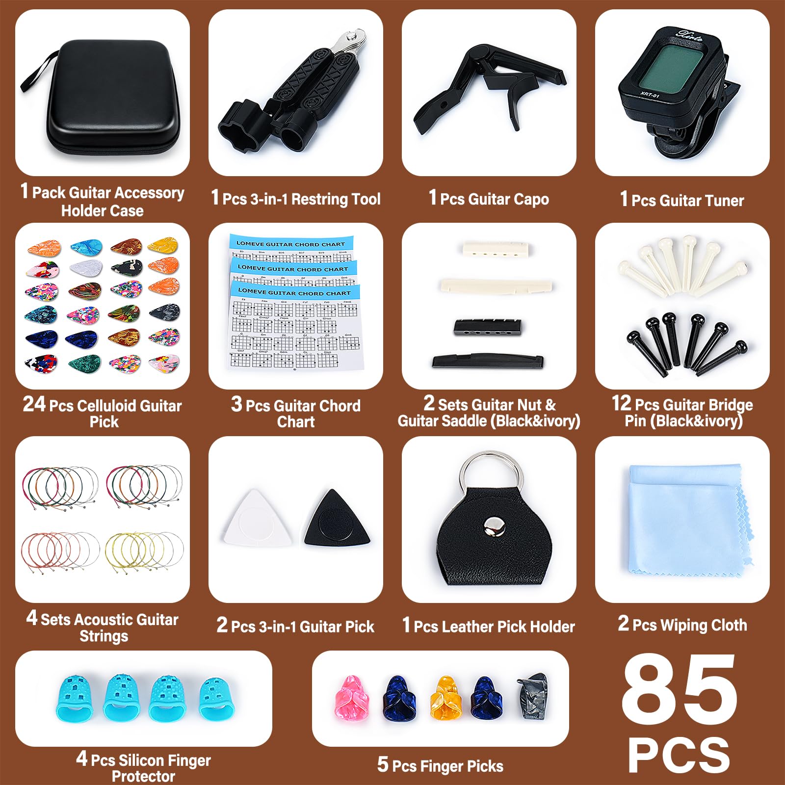 85PCS Guitar Accessories Kit with Case - Includes Acoustic Strings, Tuner, Capo, 3-in-1 Restring Tool, Picks, Pick Holder, Bridge Pins, Nuts & Saddles, Finger Protector & Chord Chart - Perfect for Guitar Maintenance, Practice & Travel