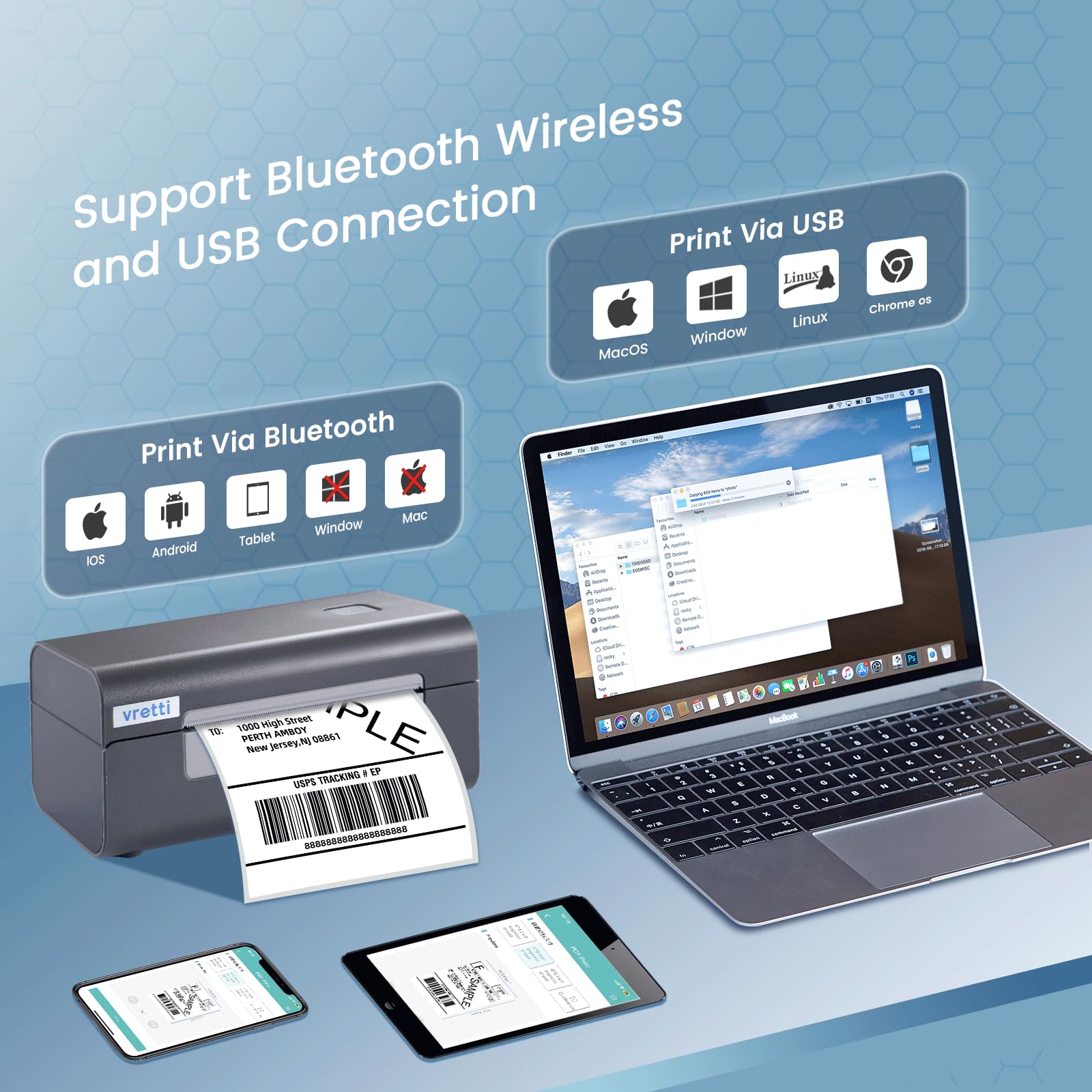 Vretti 4x6 Wireless Bluetooth Thermal Shipping Label Printer - Compatible with Mac, Windows, iOS, Linux - Perfect for Amazon, eBay, Shopify, Etsy & USPS Packages - Ideal for Home Offices, Small Businesses & E-commerce Sellers