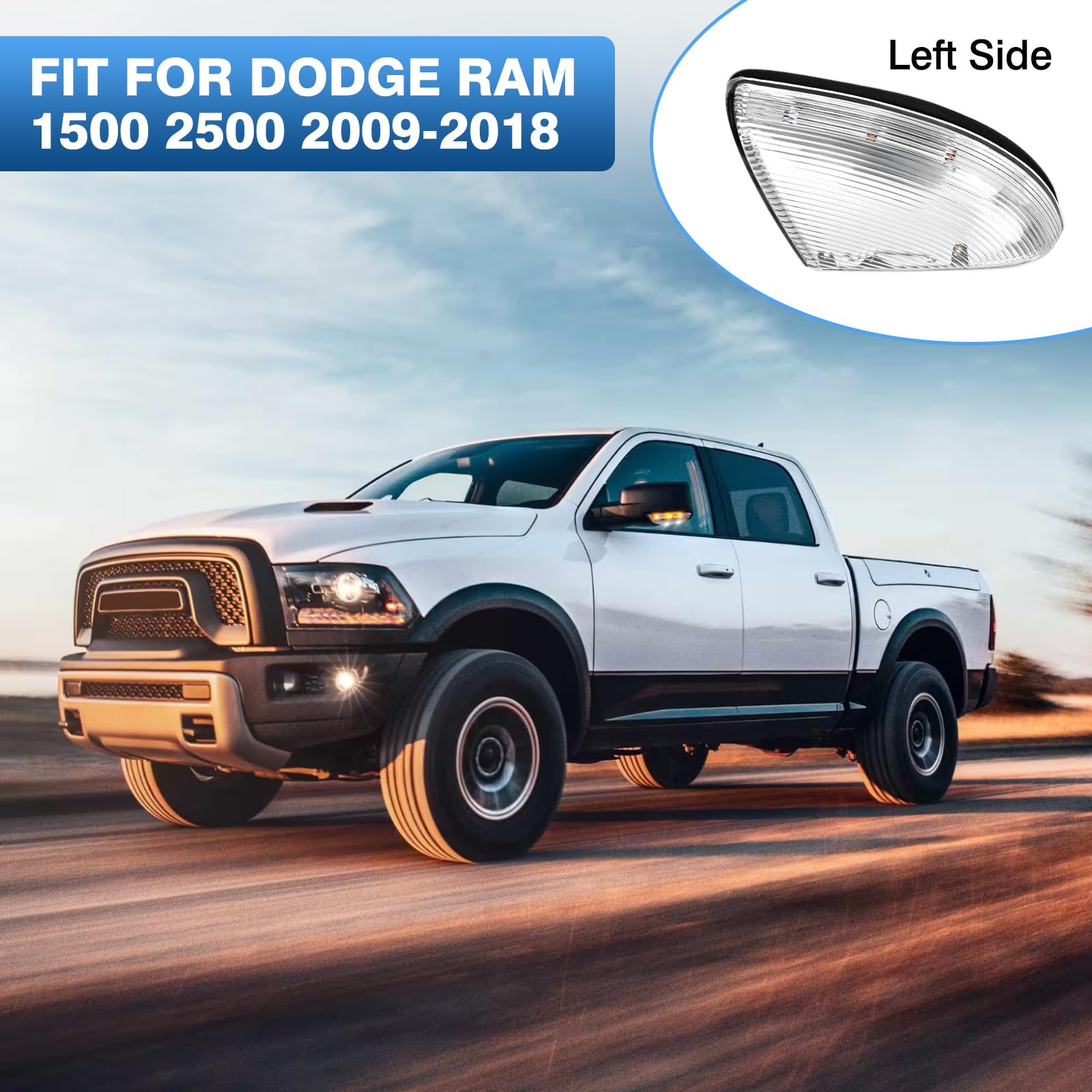 LED Puddle Light Mirror Turn Signal Light - Left Driver Side for 2009-2018 Dodge Ram 1500/2500 (Amber+White) | 68064949AA Replacement | Enhanced Night Visibility & Safety Lighting for Parking & Entry Areas