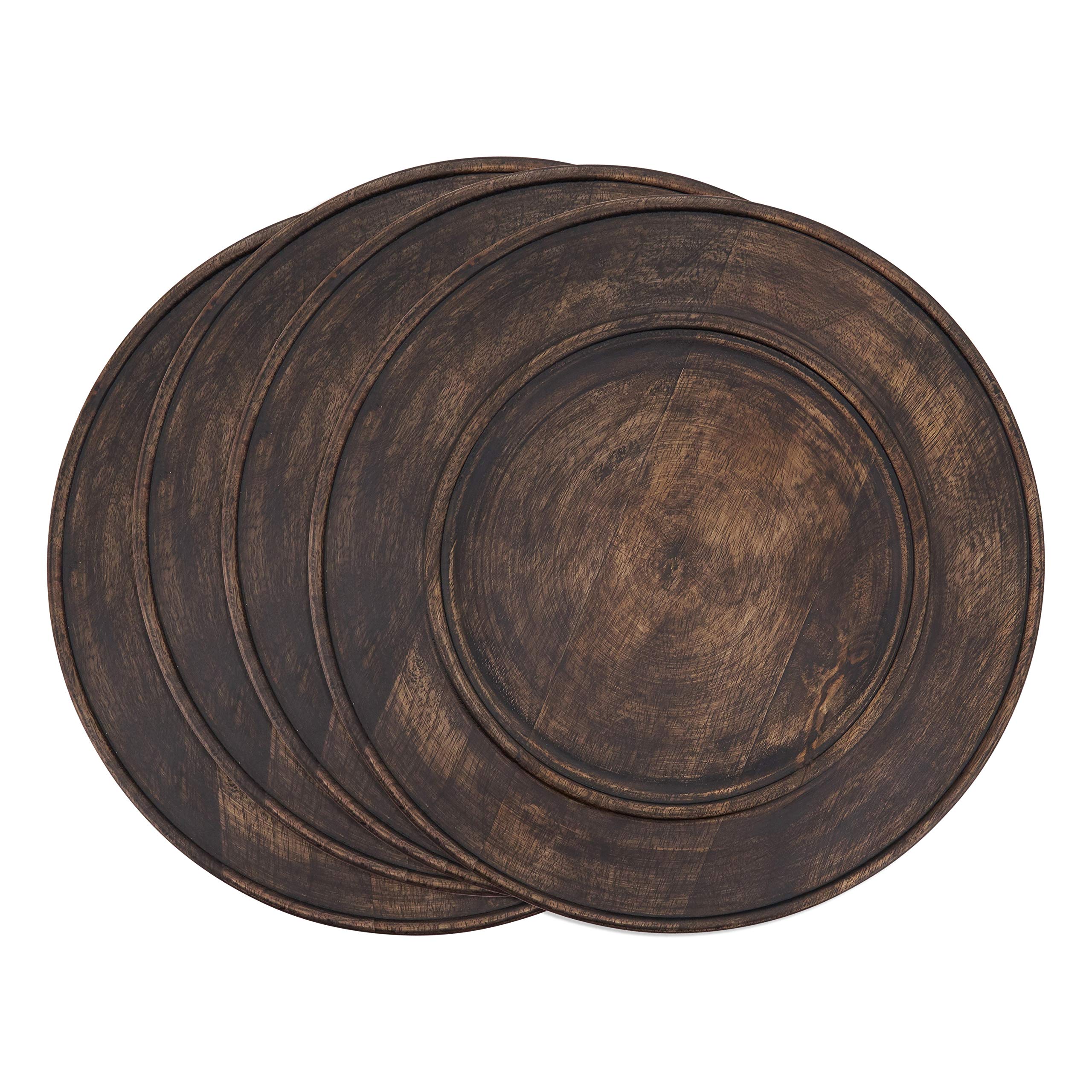 Dark Wooden Charger Plates Set of 4 - Elegant Brown Wood Dinner Plates for Formal Dining, Wedding Decor & Holiday Table Settings