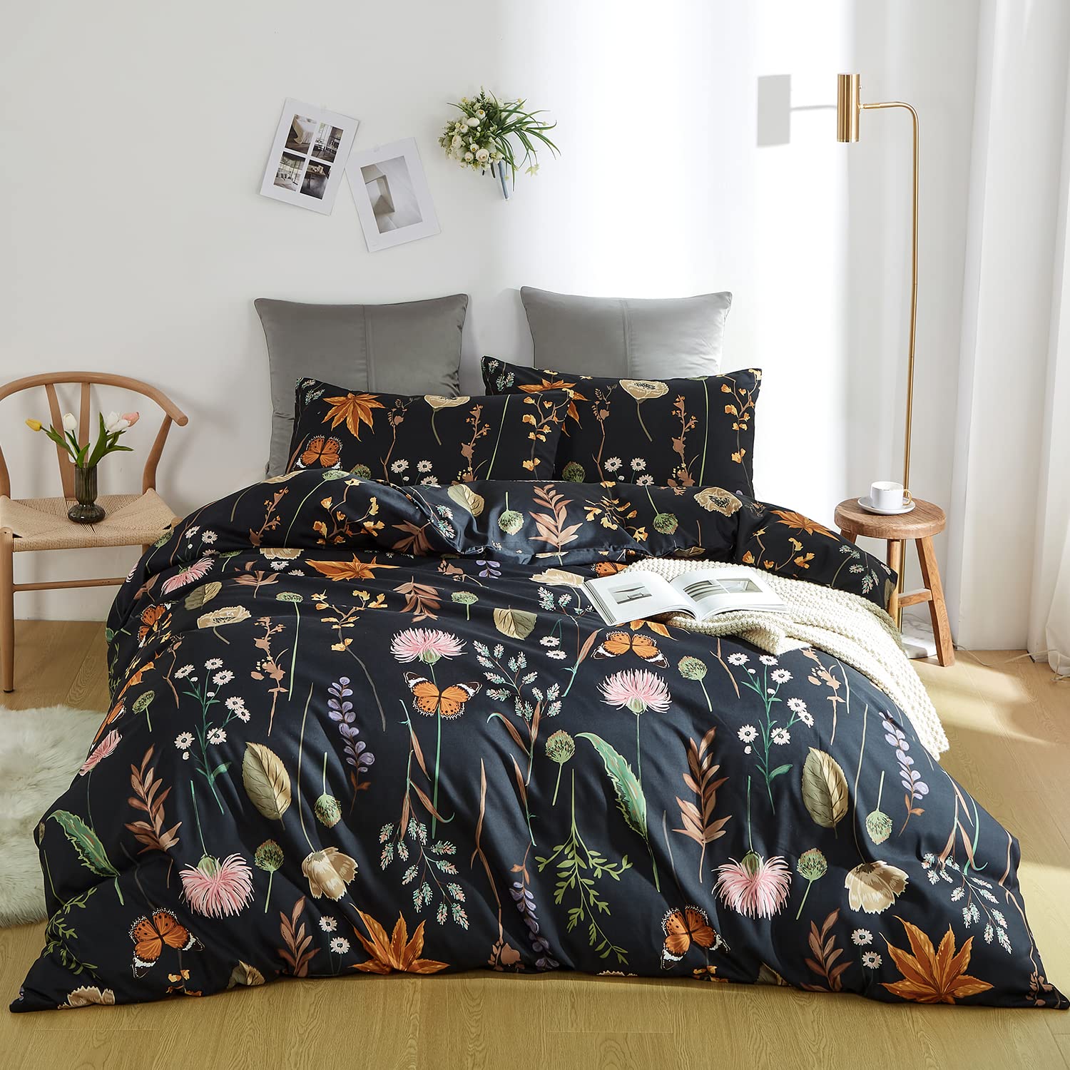 Elegant 3-Piece Duvet Cover Set Twin Size - Black with Pink Floral & Yellow Butterfly Print | Soft Microfiber Comforter Cover with Zipper Closure | Perfect for Guest Bedrooms, Dorm Rooms & Cozy Bedroom Decor