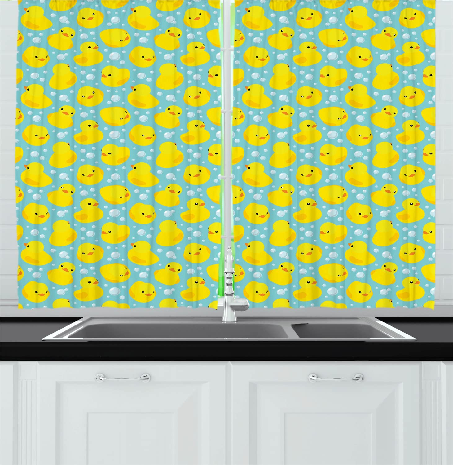 Ambesonne Rubber Duck Kitchen Curtains - Funny Rubber Ducks with Water Bubbles Design, 2 Panel Rod Pocket Drapes 55x45 Inches, Turquoise Yellow Orange - Perfect for Bathroom, Kids Room & Kitchen Decor