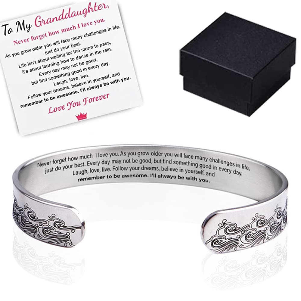 To My Granddaughter Cuff Bracelet - I Will Always Be with You - Inspirational Engraved Silver Bracelet for Women - Thoughtful Gift with Sweet Message - Perfect for Birthdays, Graduation & Special Occasions