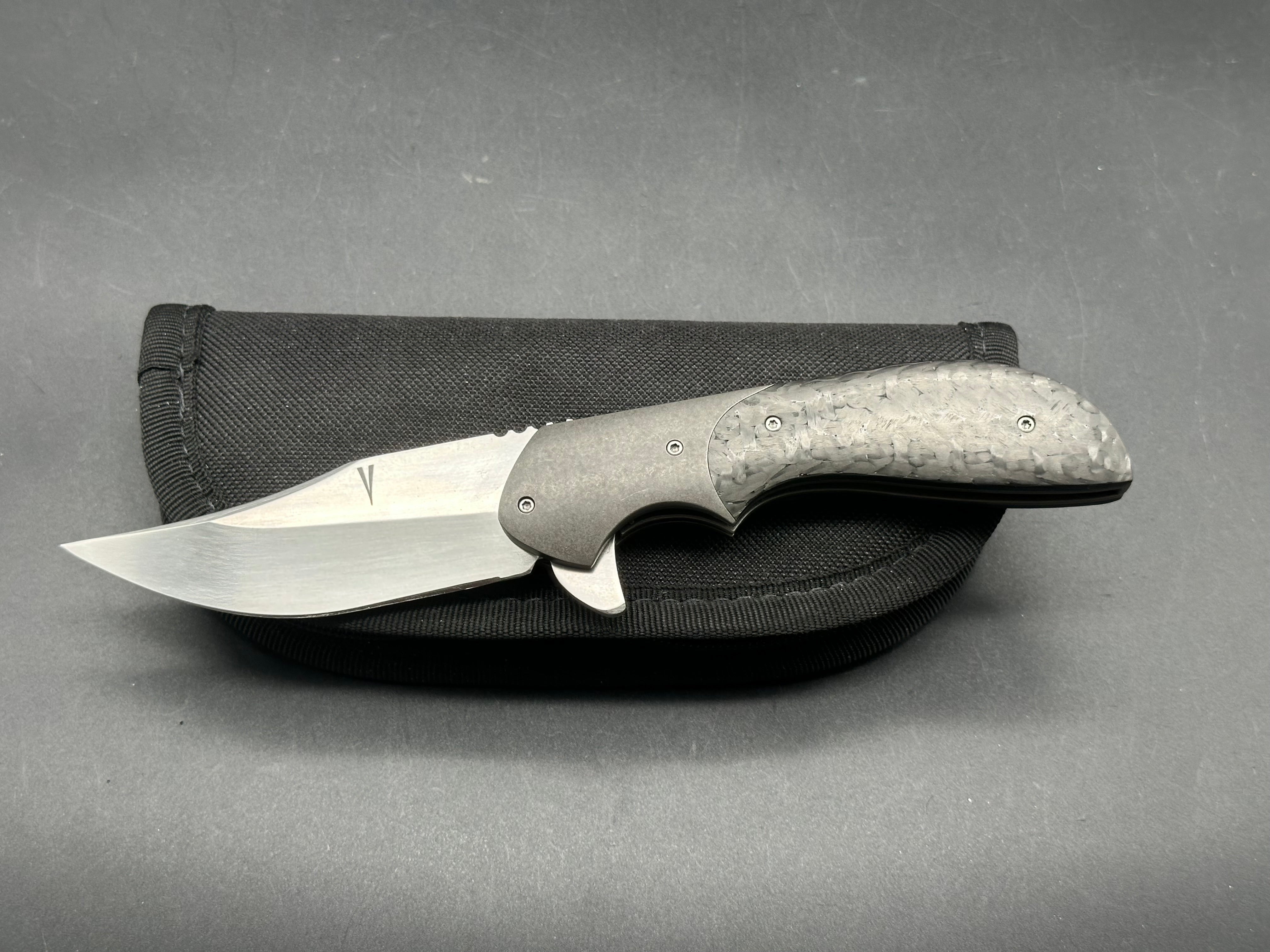 Jeff Vandermeulen Custom Mini Folding Knife - Hand-Rubbed Satin Blade, Titanium Handle with Carbon Fiber Inlay, Tip-Up Mokuti Clip - EDC, Outdoor, Camping & Everyday Carry Pocket Knife
