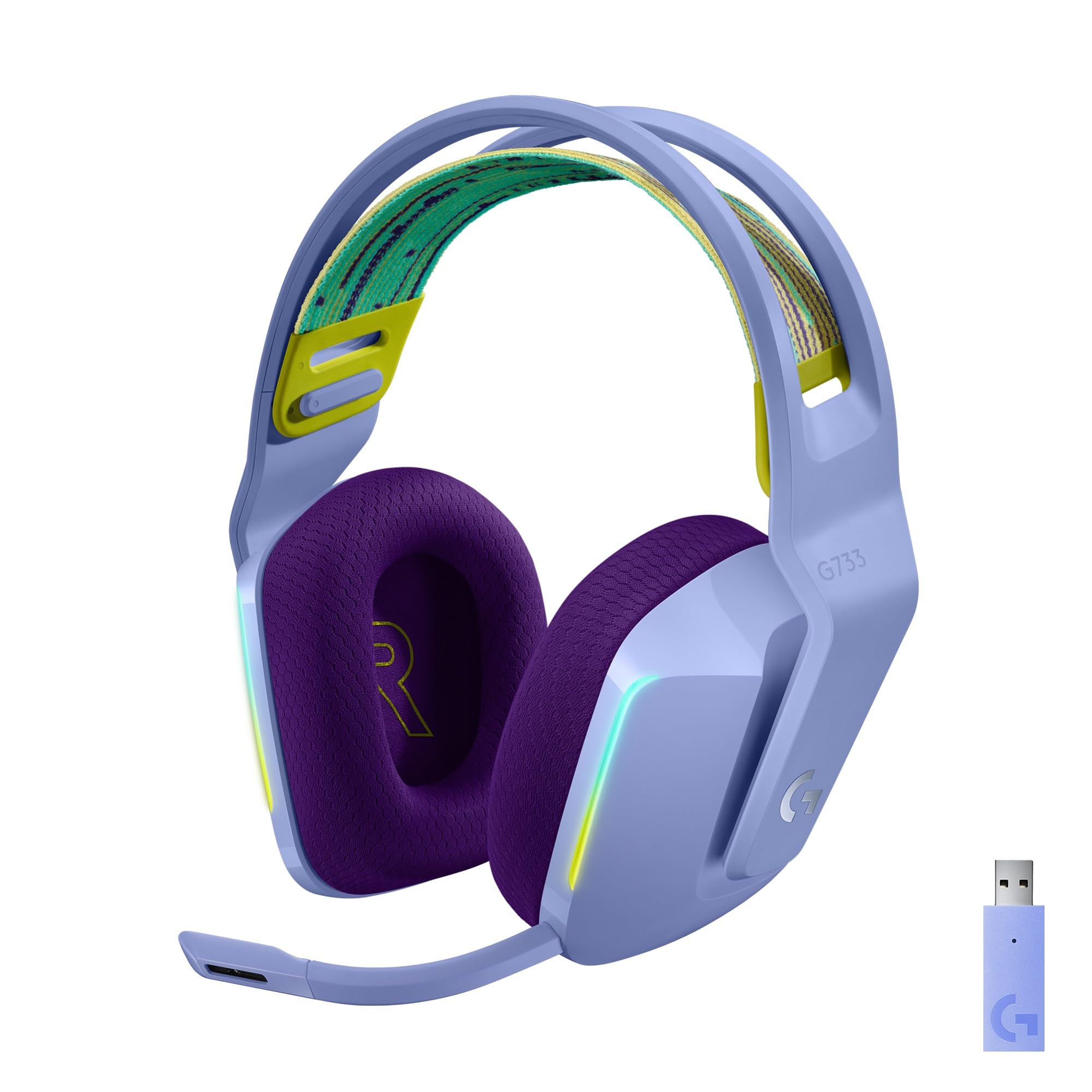 Logitech G733 Lightspeed Wireless Gaming Headset with Suspension Headband, LIGHTSYNC RGB, PRO-G Audio Drivers - Lilac (Renewed) | Premium PC & Console Gaming Headphones for PS5, Xbox, Switch | Noise-Canceling Mic for Streaming & Online Chat